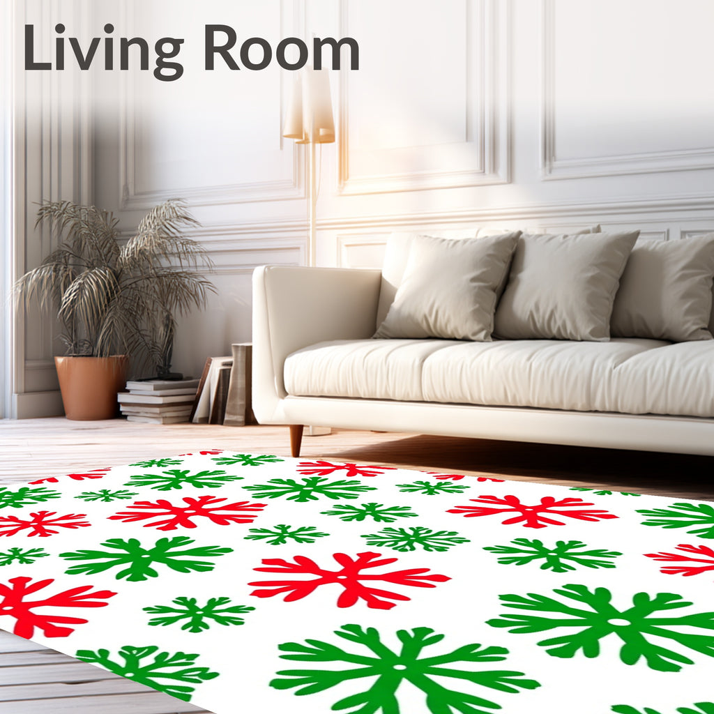 Red Green Snowflakes Scattered Festive Rug