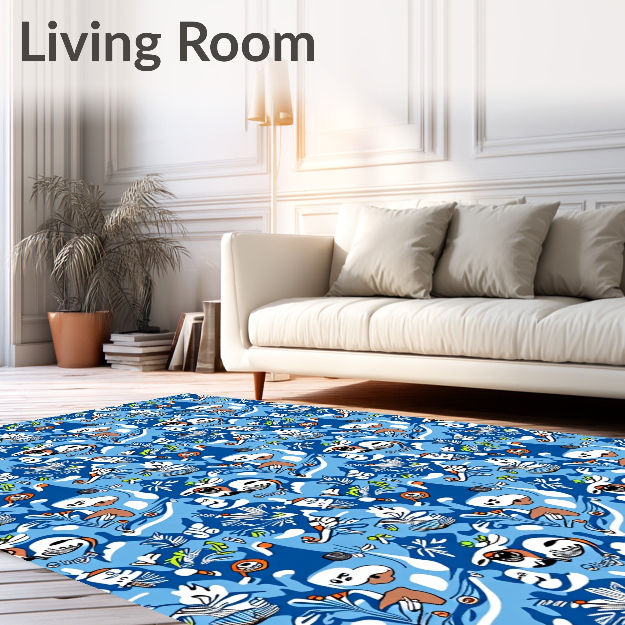 Whimsical Blue Abstract Woodland Creatures Rug