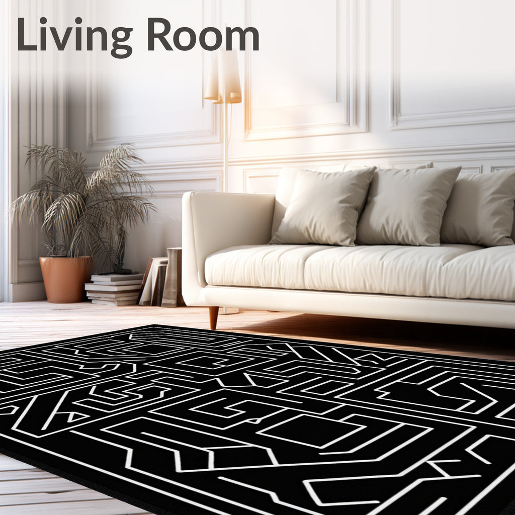 Black White Labyrinth Geometric Rug