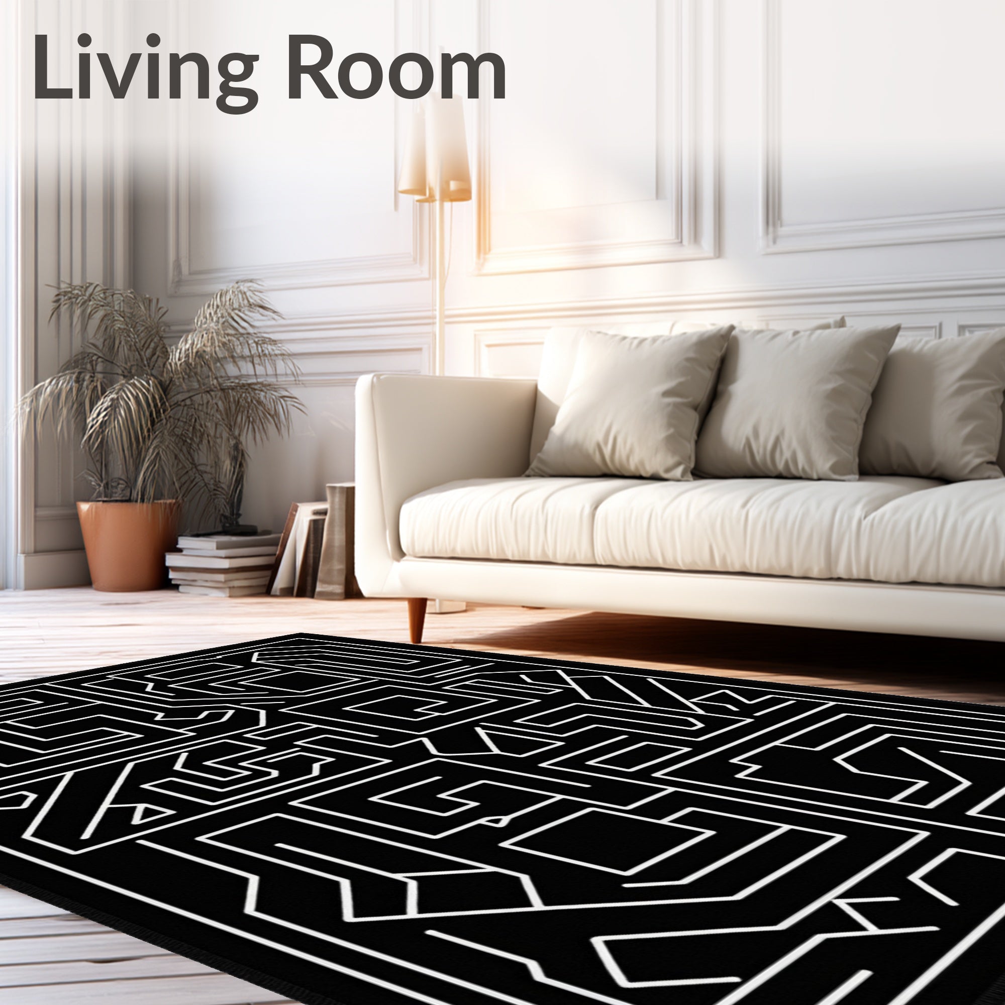 Black White Labyrinth Geometric Rug