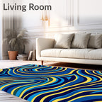 Bold Blue Yellow Wavy Abstract Rug