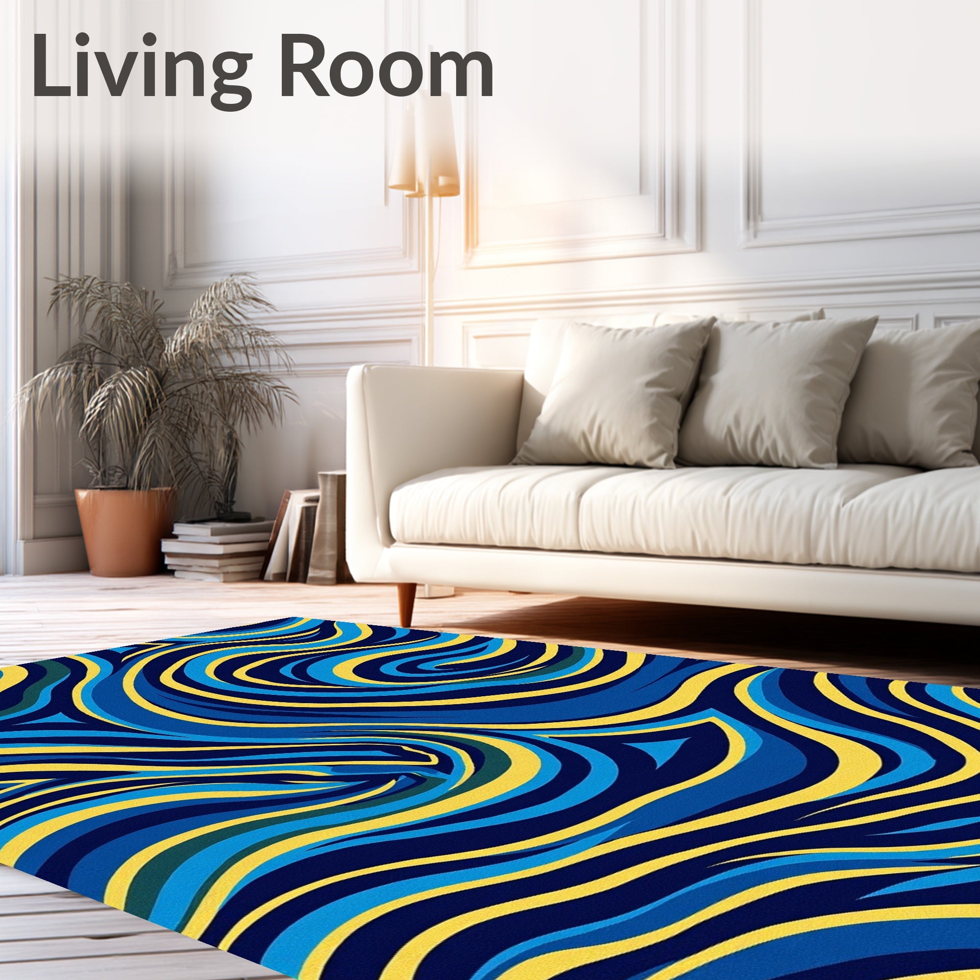 Bold Blue Yellow Wavy Abstract Rug