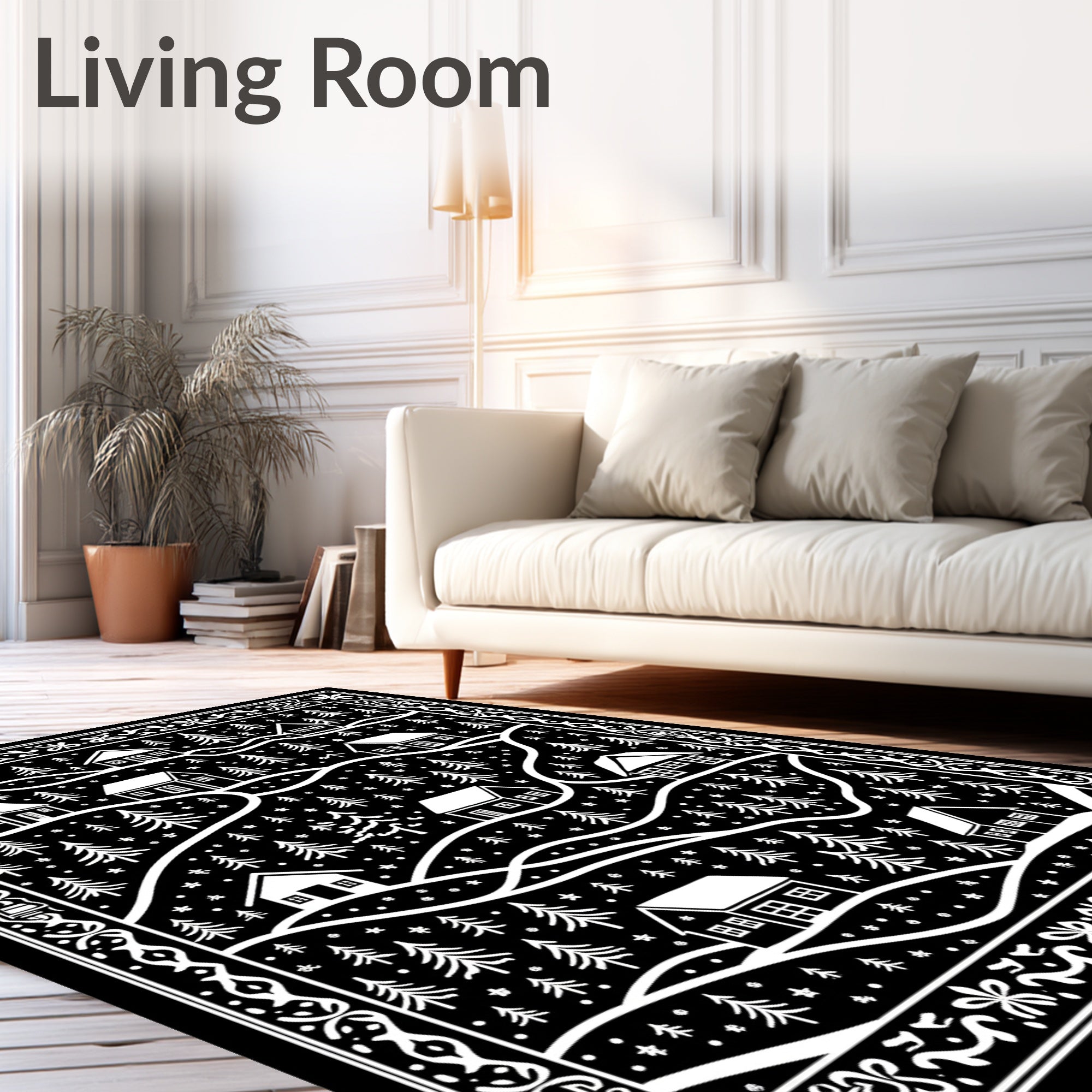Rustic Village Winter Scene Black Rug