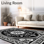 Ornate White Black Floral Oval Rug