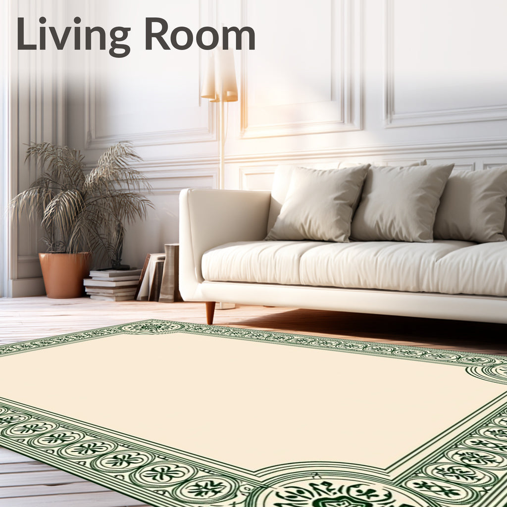 Dark Green Ornate Scroll Border Rug