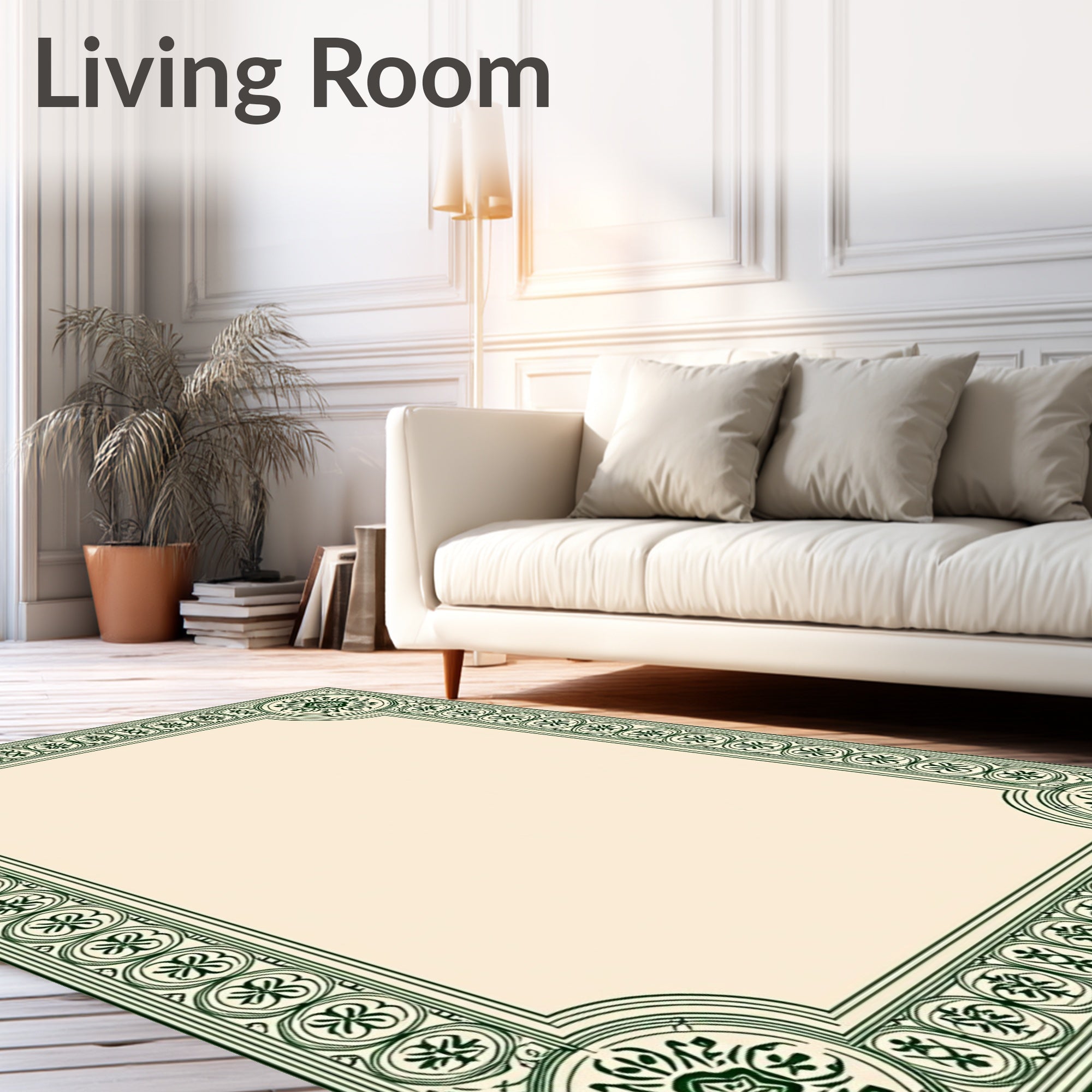 Dark Green Ornate Scroll Border Rug