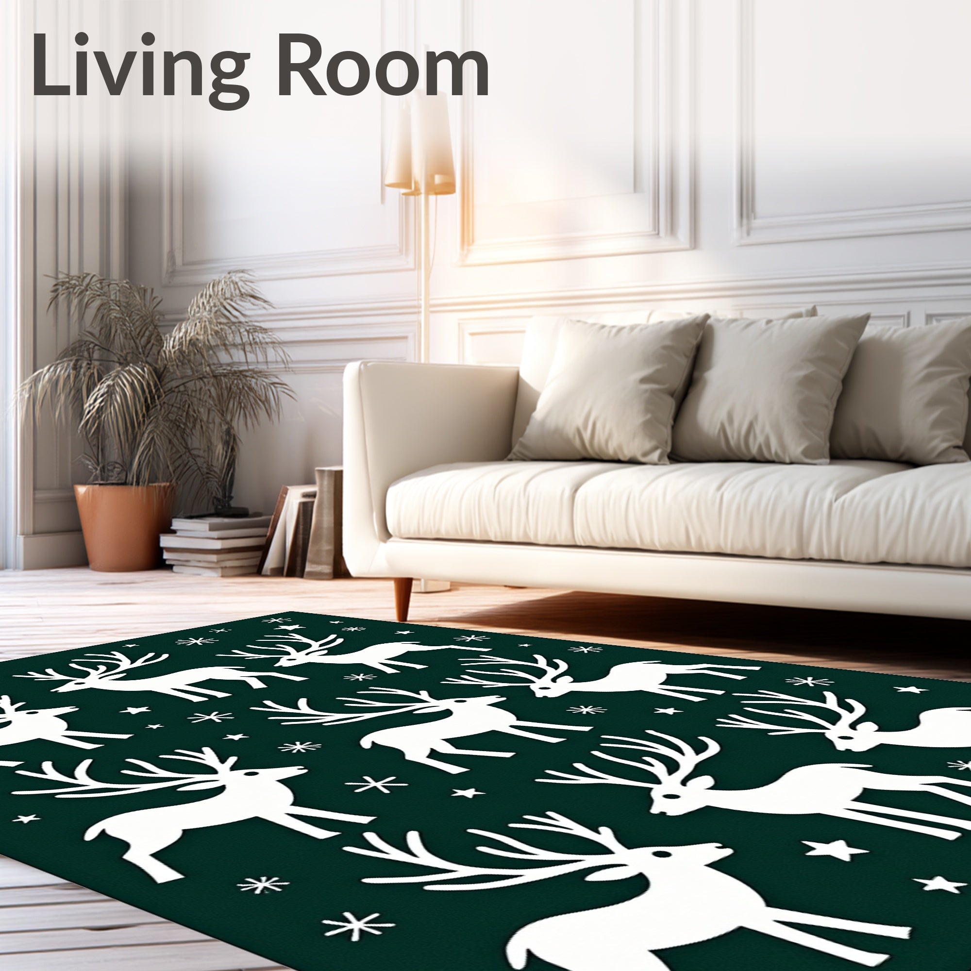 White Reindeer Stars Dark Green Field Rug