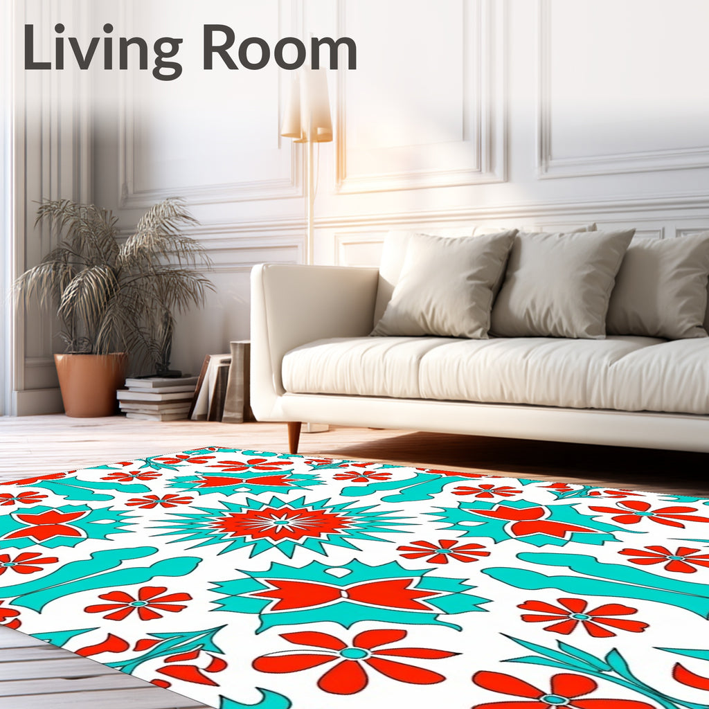 Vibrant Red Teal Floral Starburst Rug