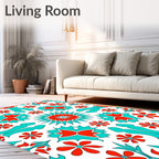 Vibrant Red Teal Floral Starburst Rug
