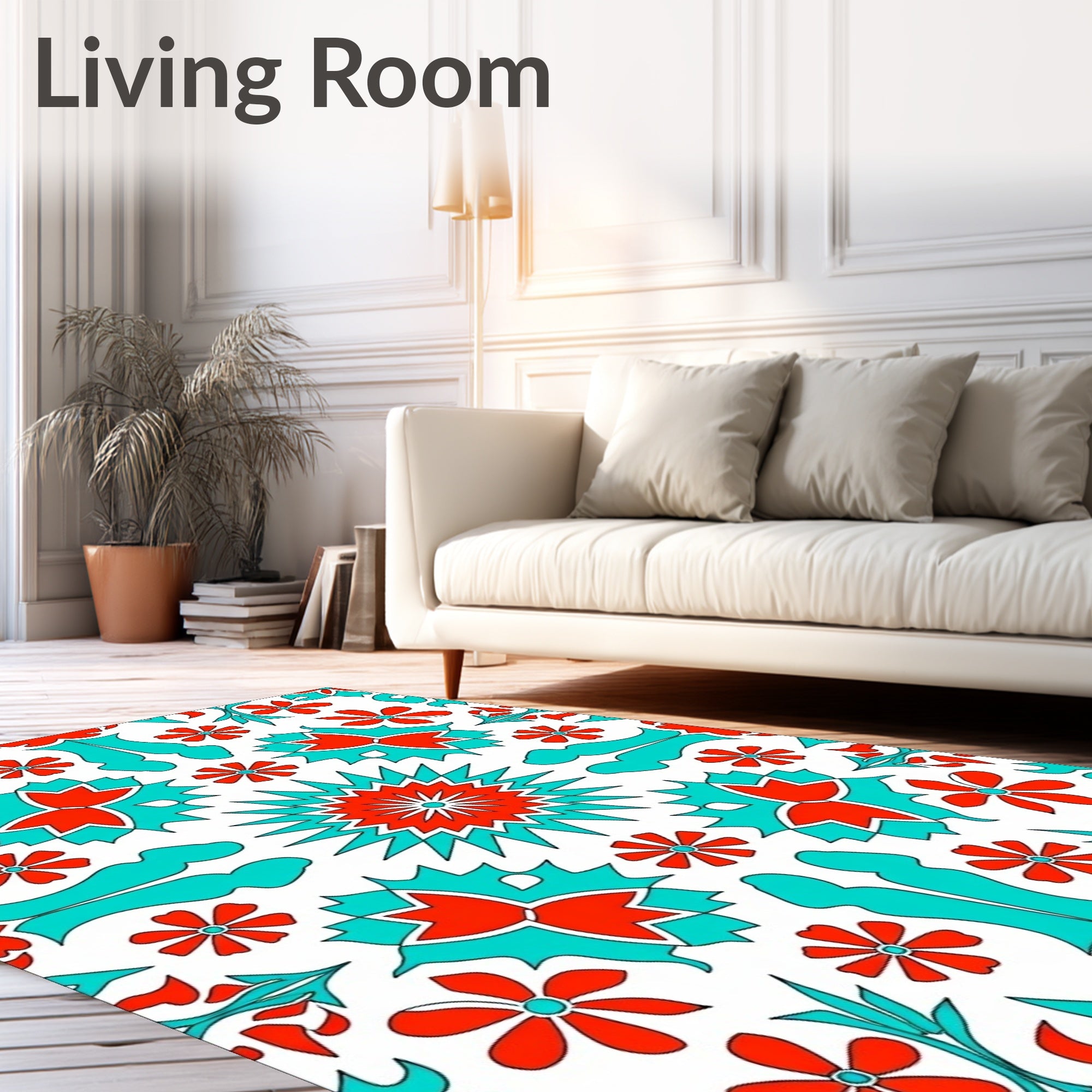 Vibrant Red Teal Floral Starburst Rug