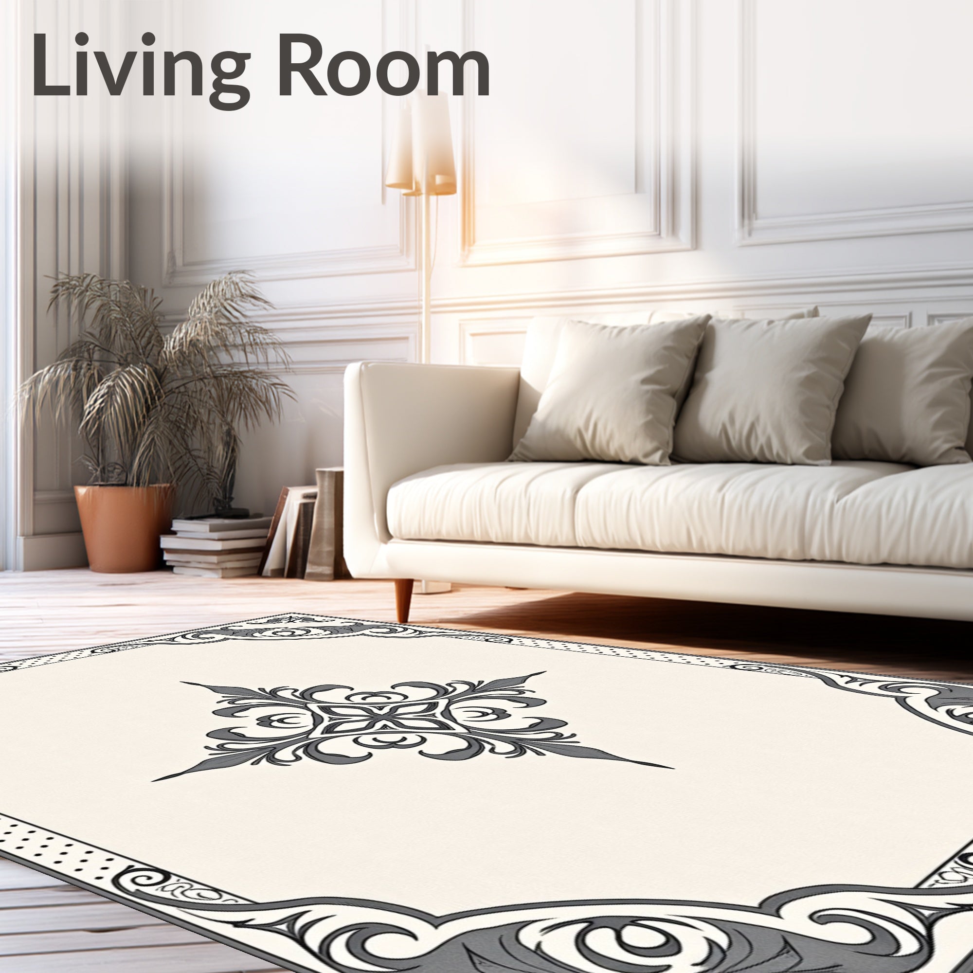 Ornate Cream and Gray Scrollwork Rug