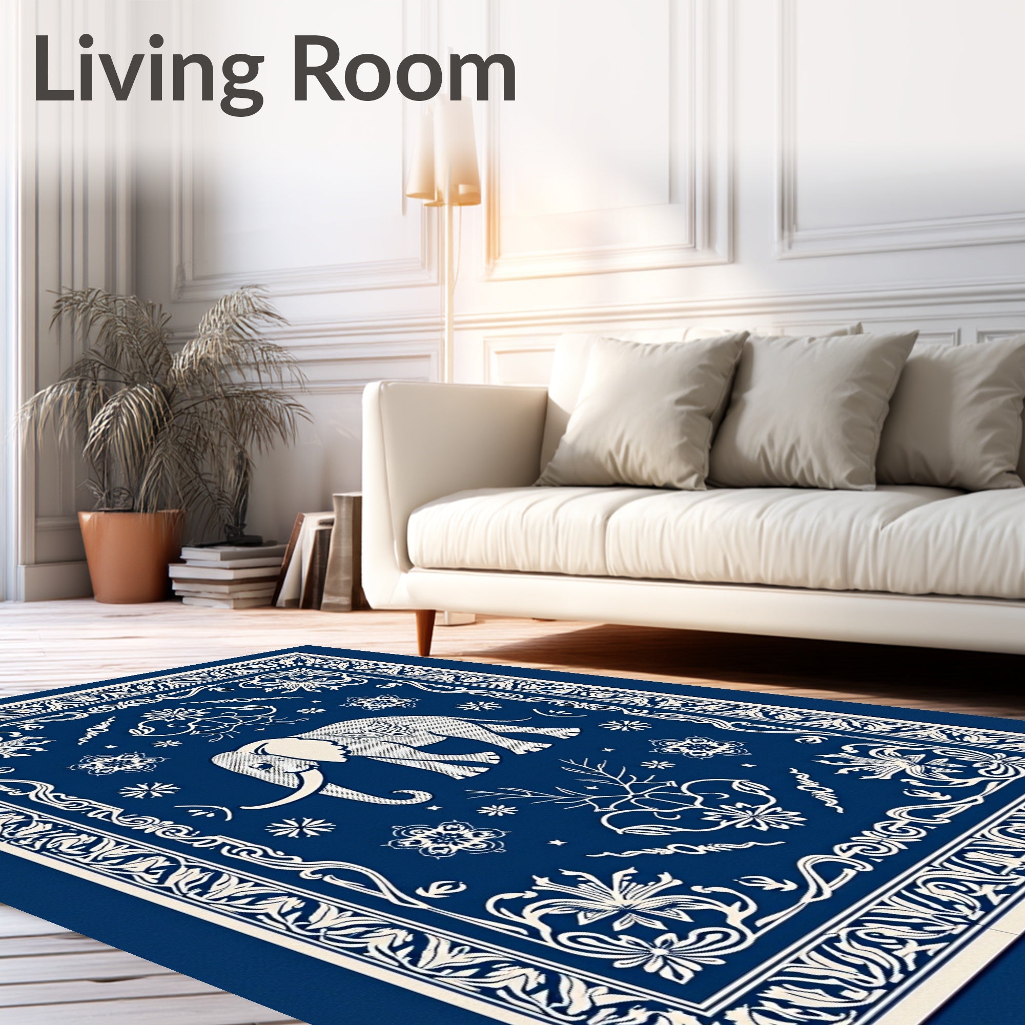 Navy Blue Elephant Floral Border Rug