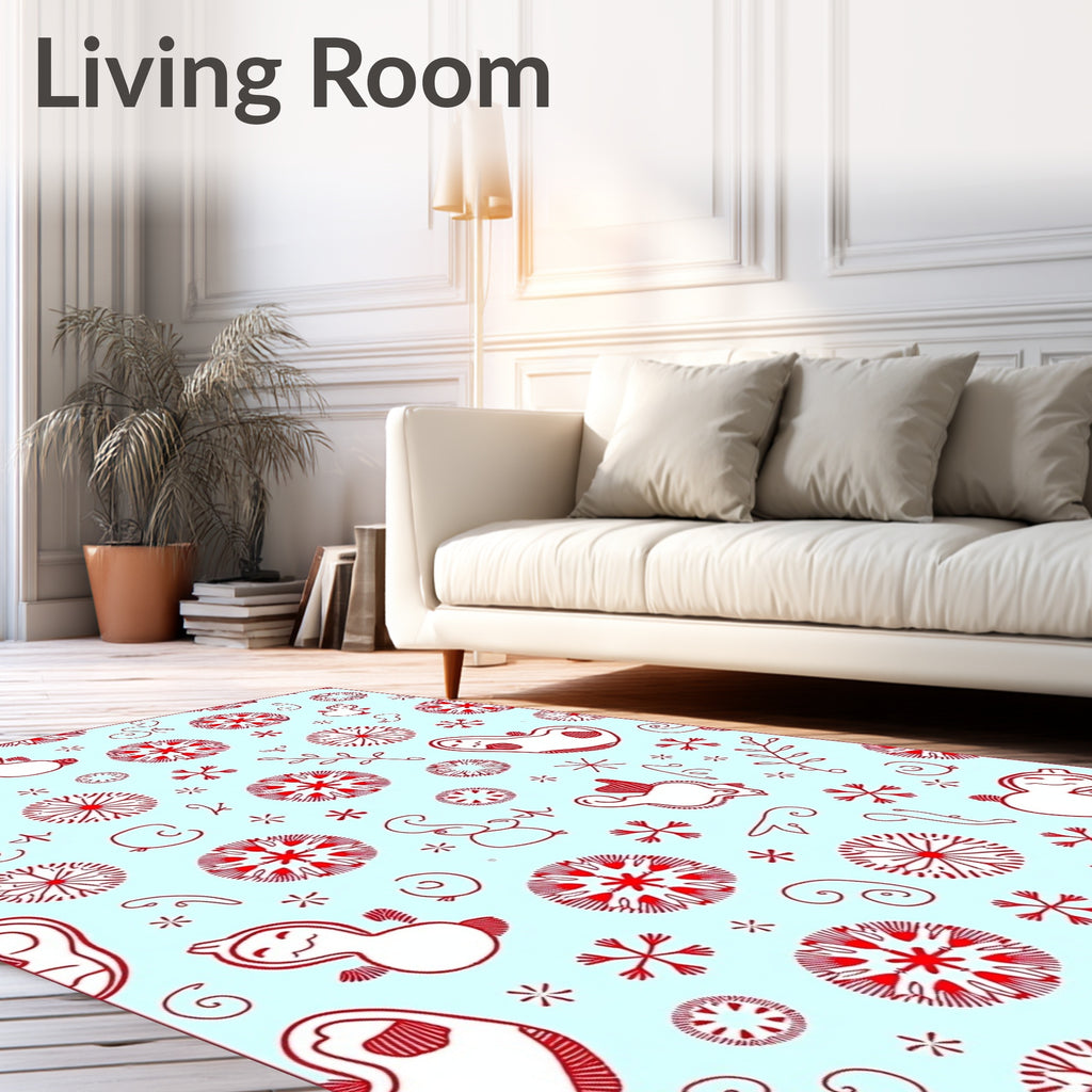 Whimsical Red Snowflakes and Figures Rug