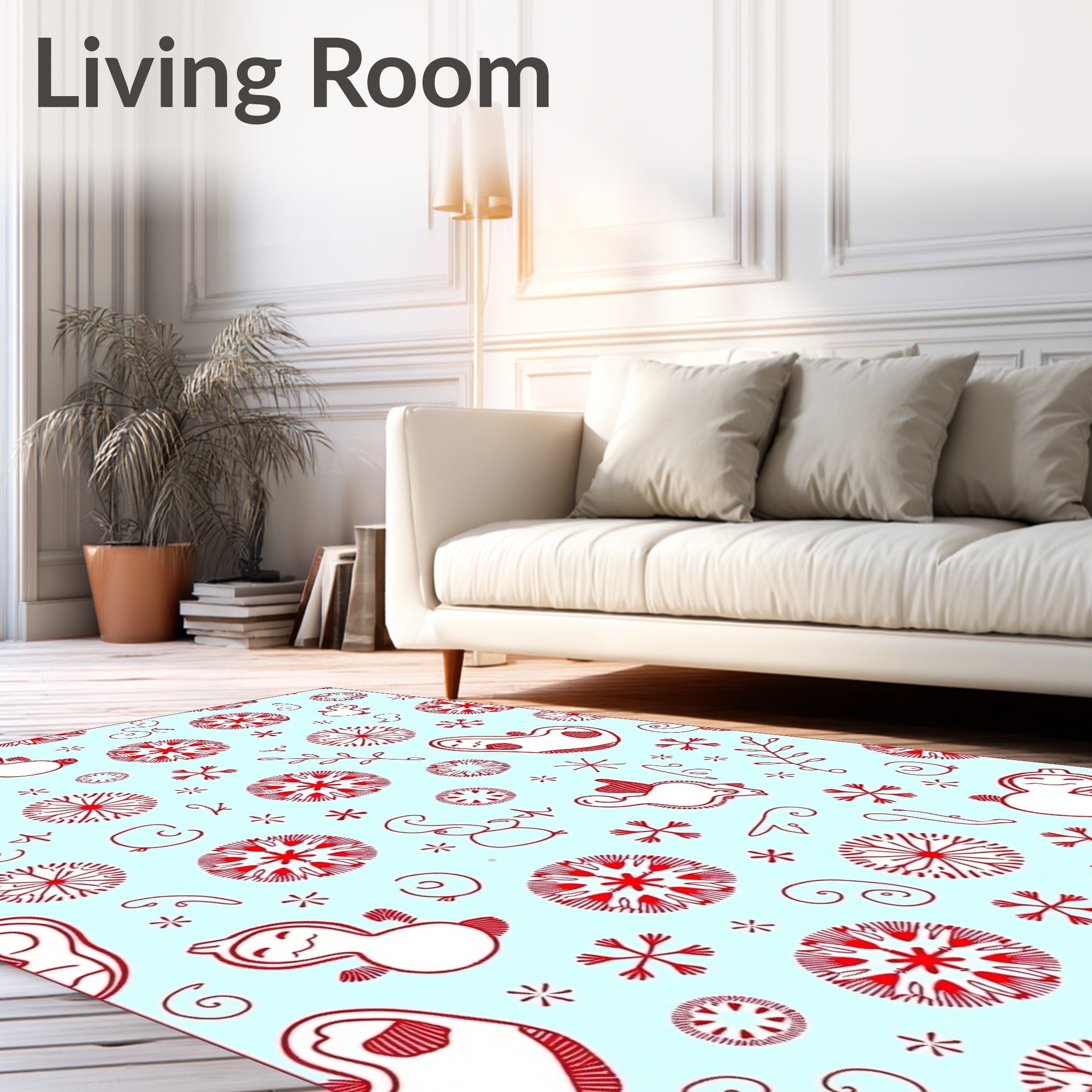 Whimsical Red Snowflakes and Figures Rug