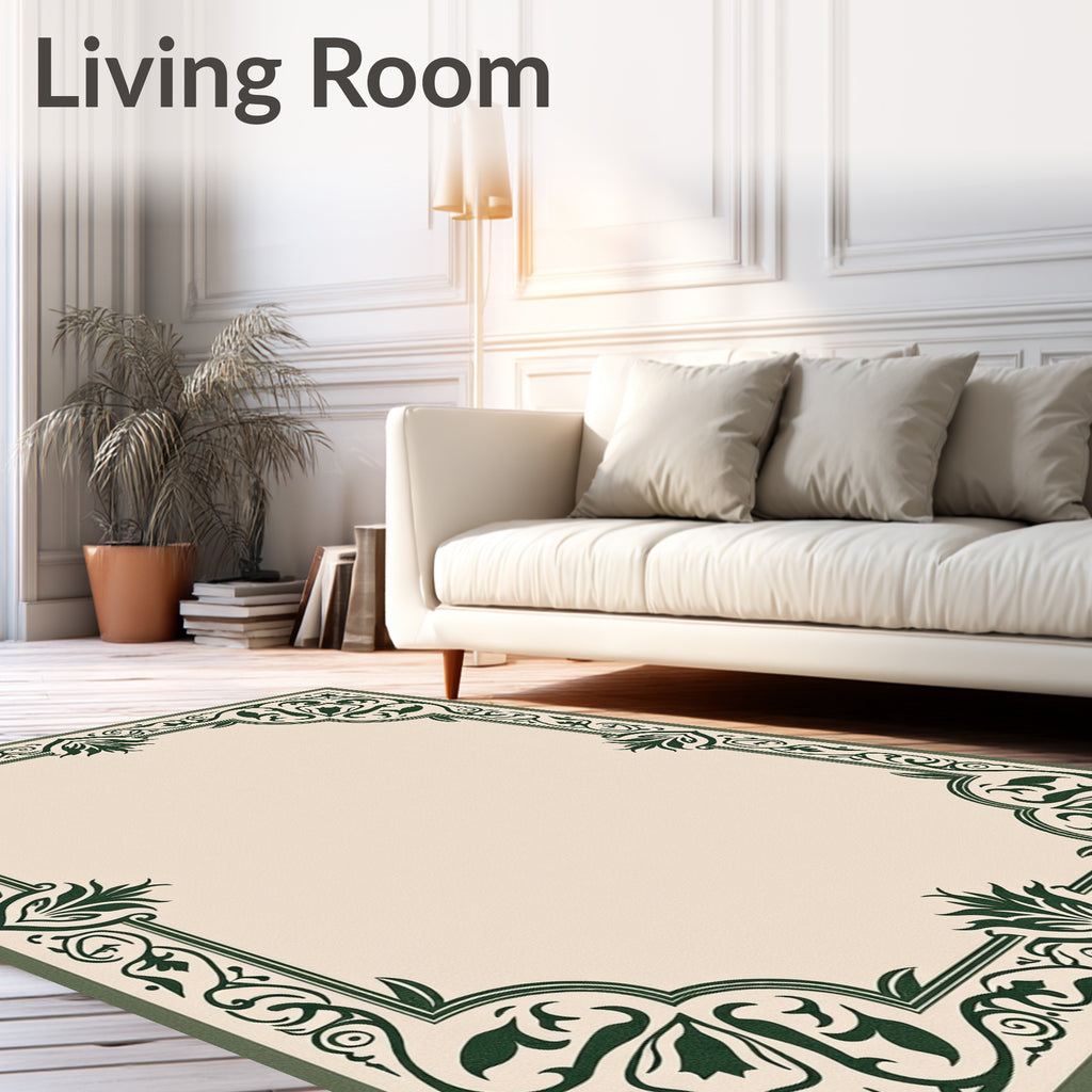 Elegant Green Floral Corner Border Rug