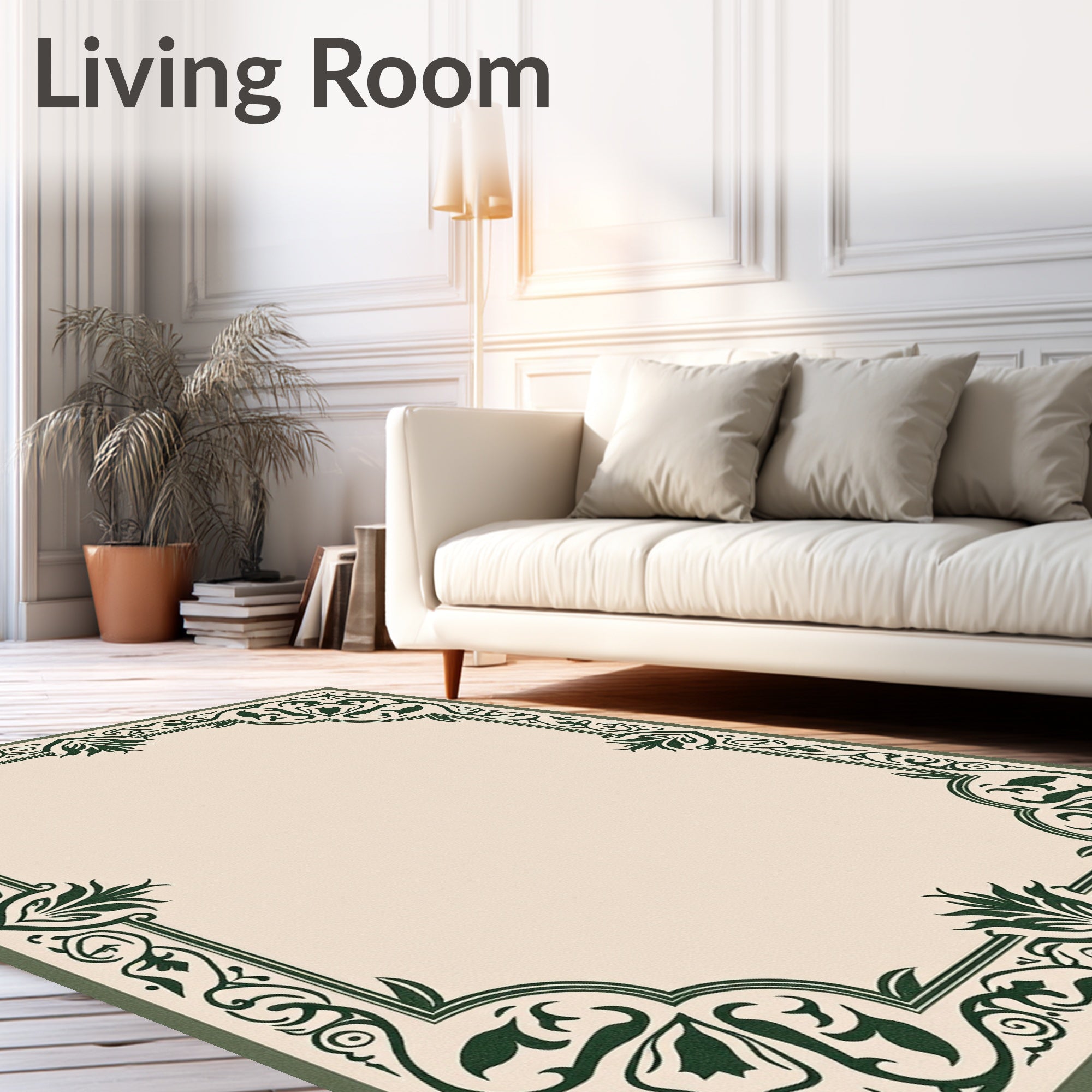Elegant Green Floral Corner Border Rug