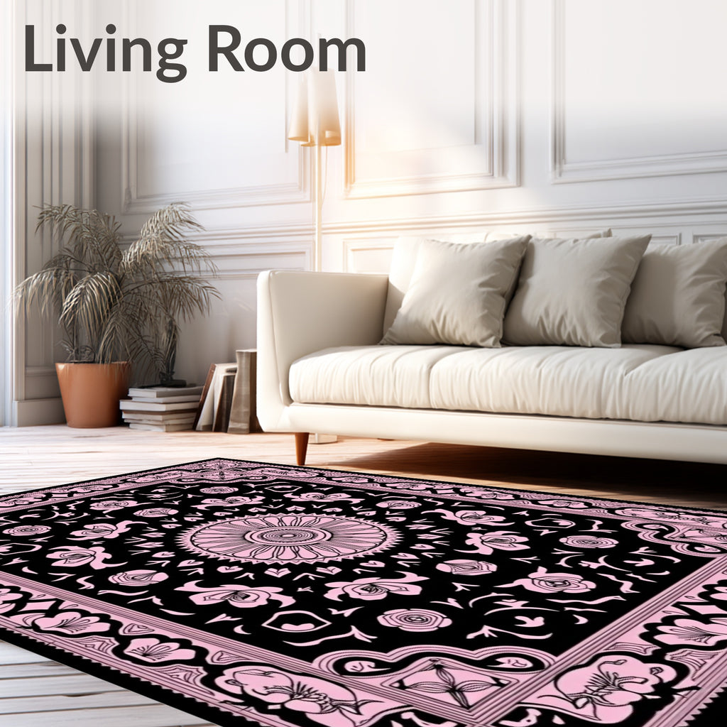 Black Pink Floral Mandala Brocade Rug