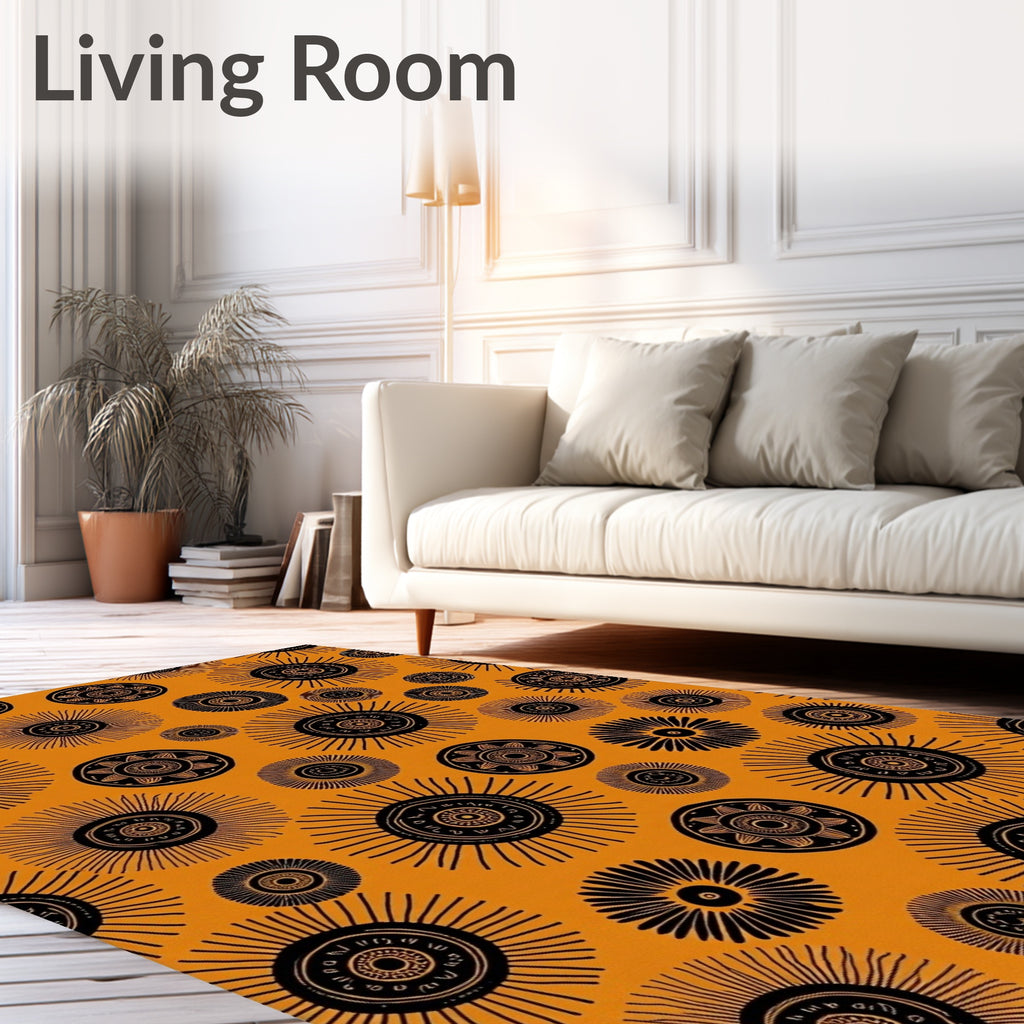 Bold Black Sunbursts Orange Medallion Rug