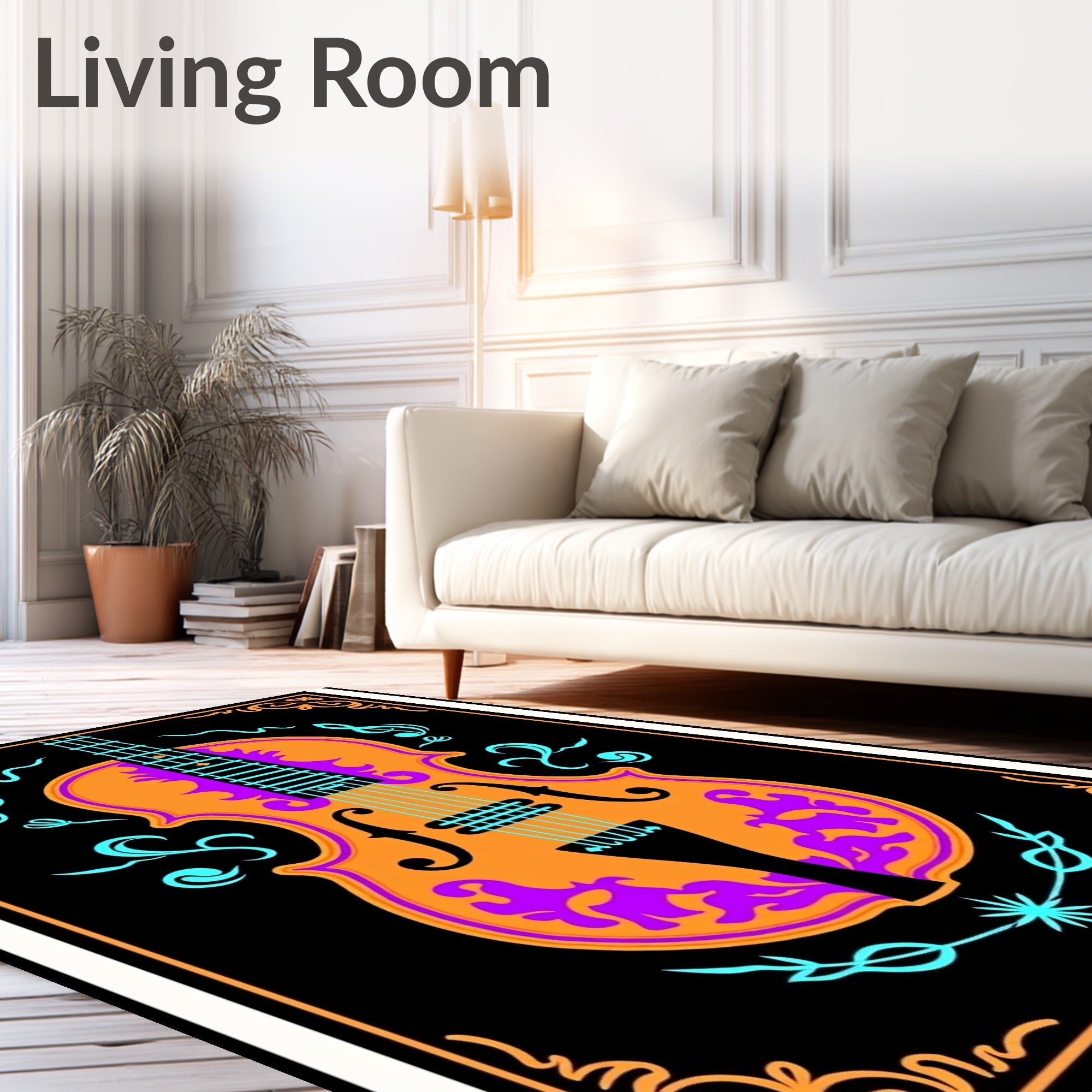 Bold Orange Violin Music Notes Rug