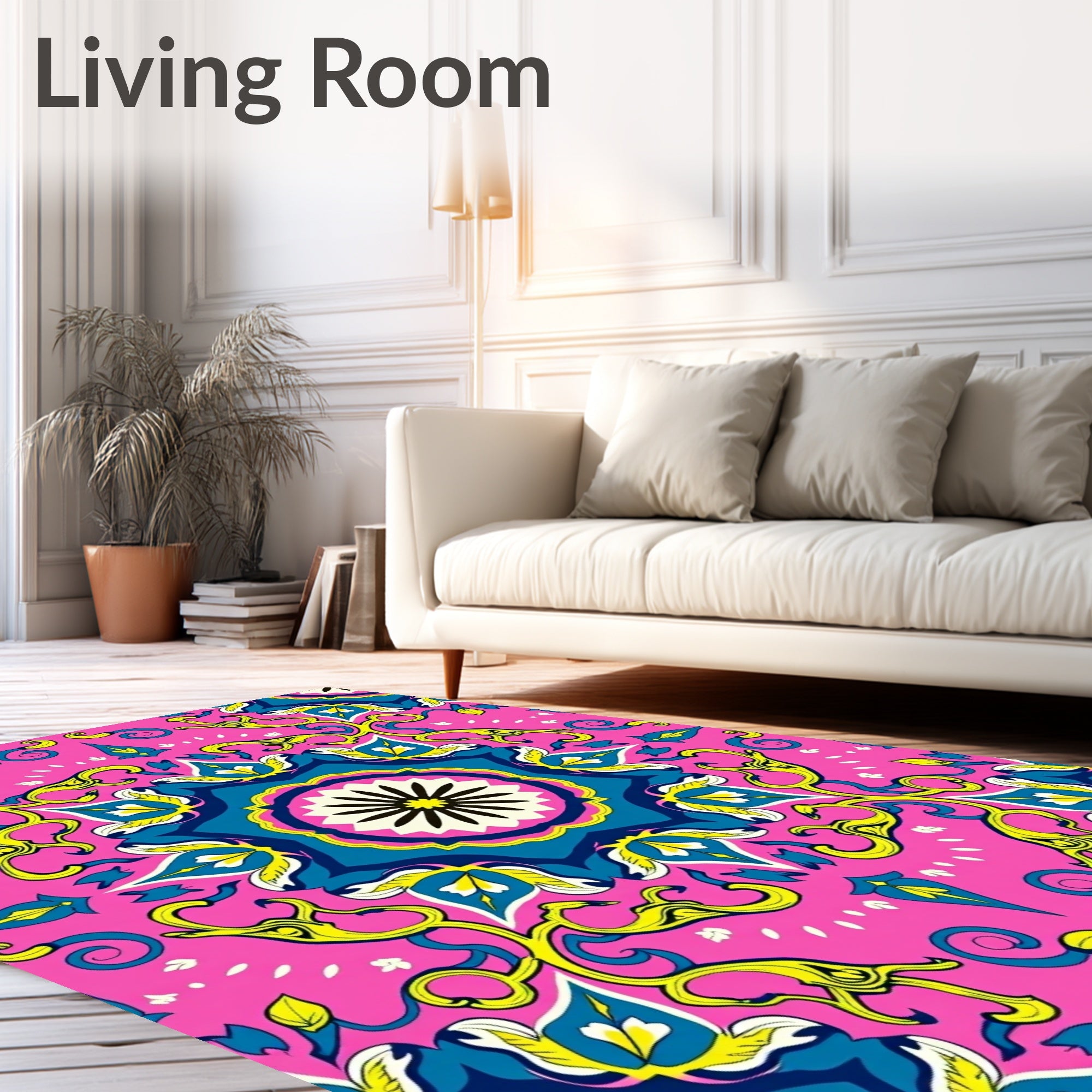 Vibrant Pink Yellow Blue Floral Mandala Rug