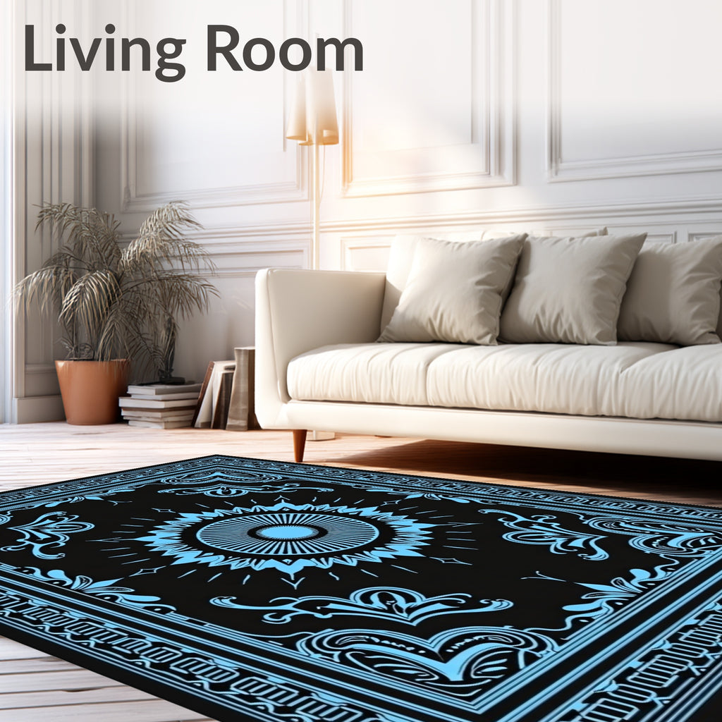 Electric Blue Sunburst Floral Border Rug