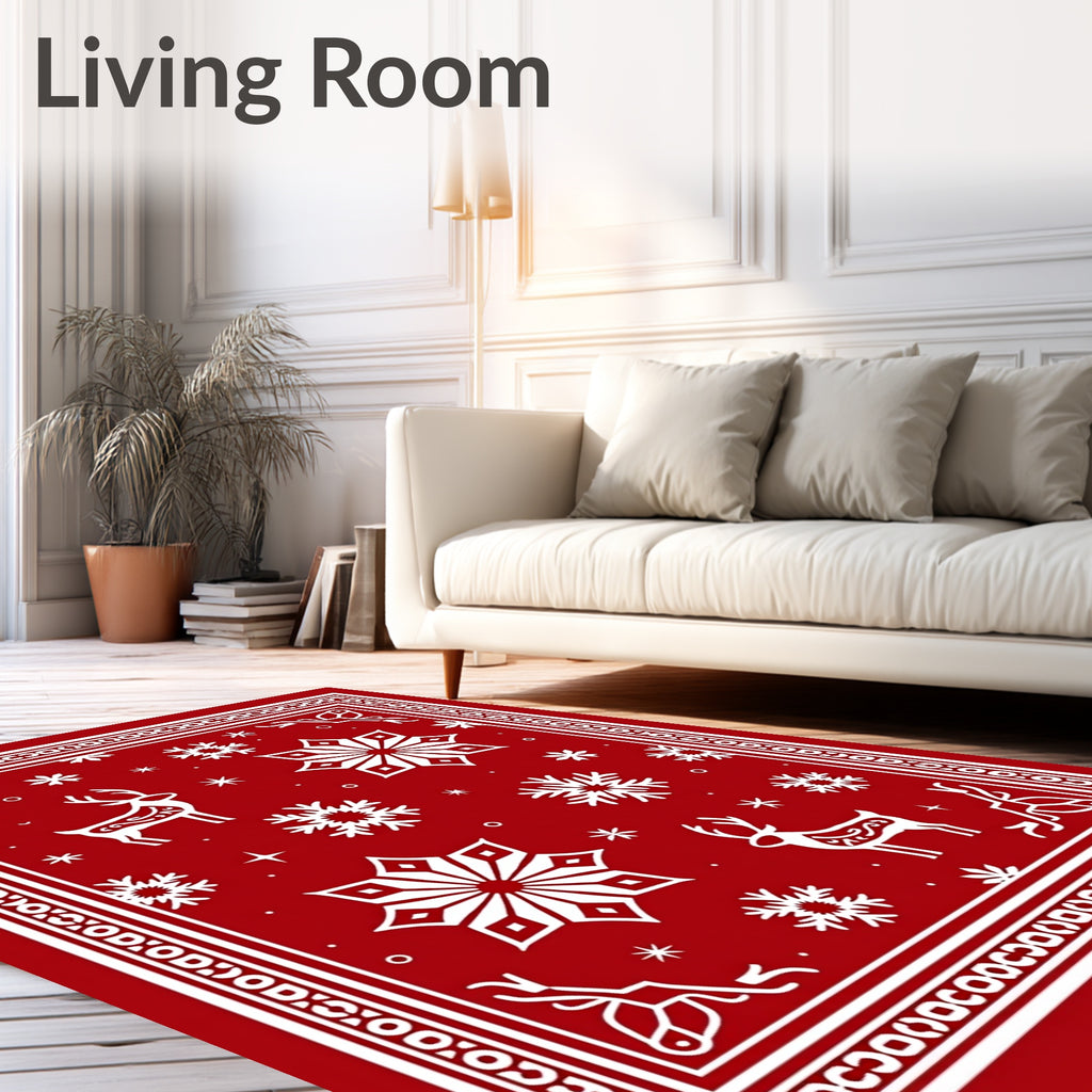 Red White Winter Deer Snowflakes Rug