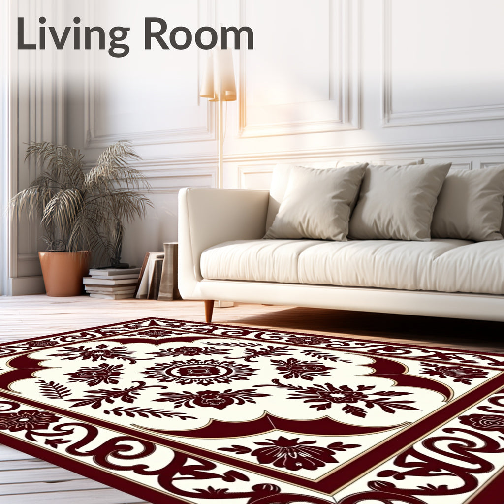 Ornate Crimson Floral Border Accents Rug