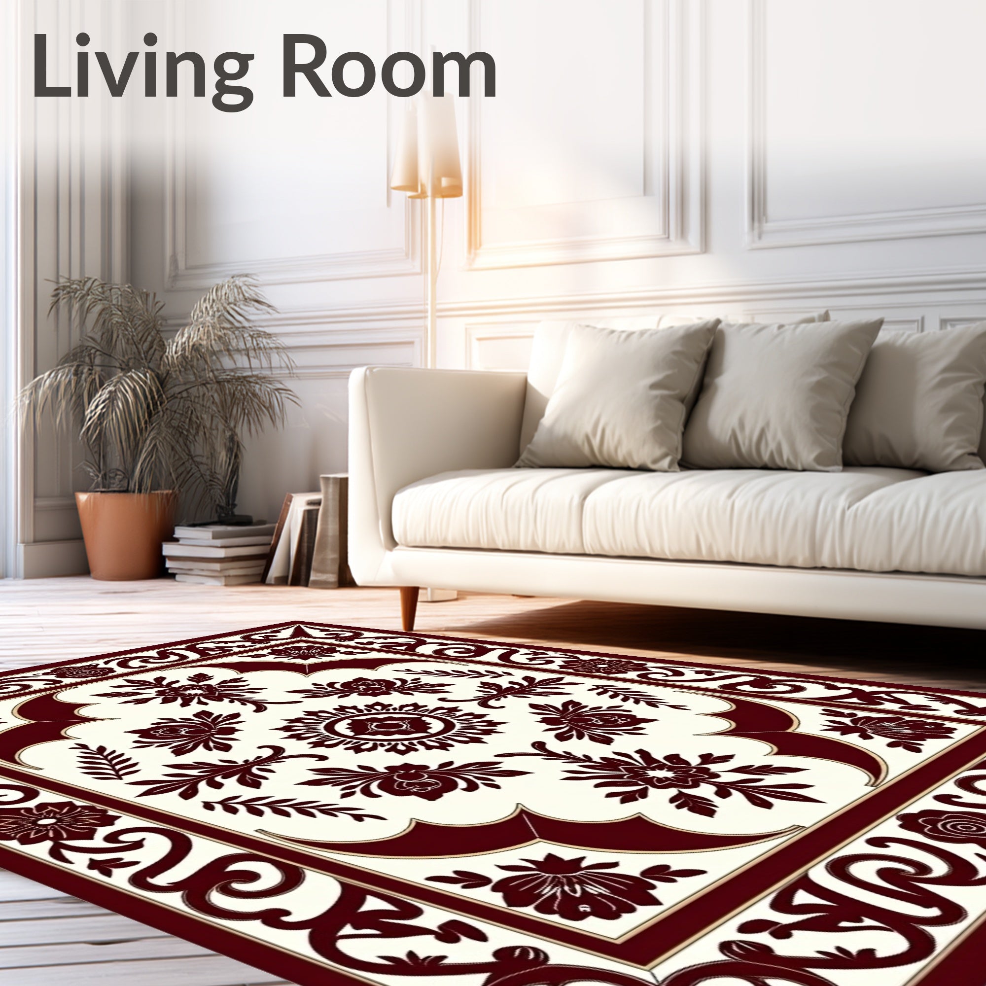 Ornate Crimson Floral Border Accents Rug