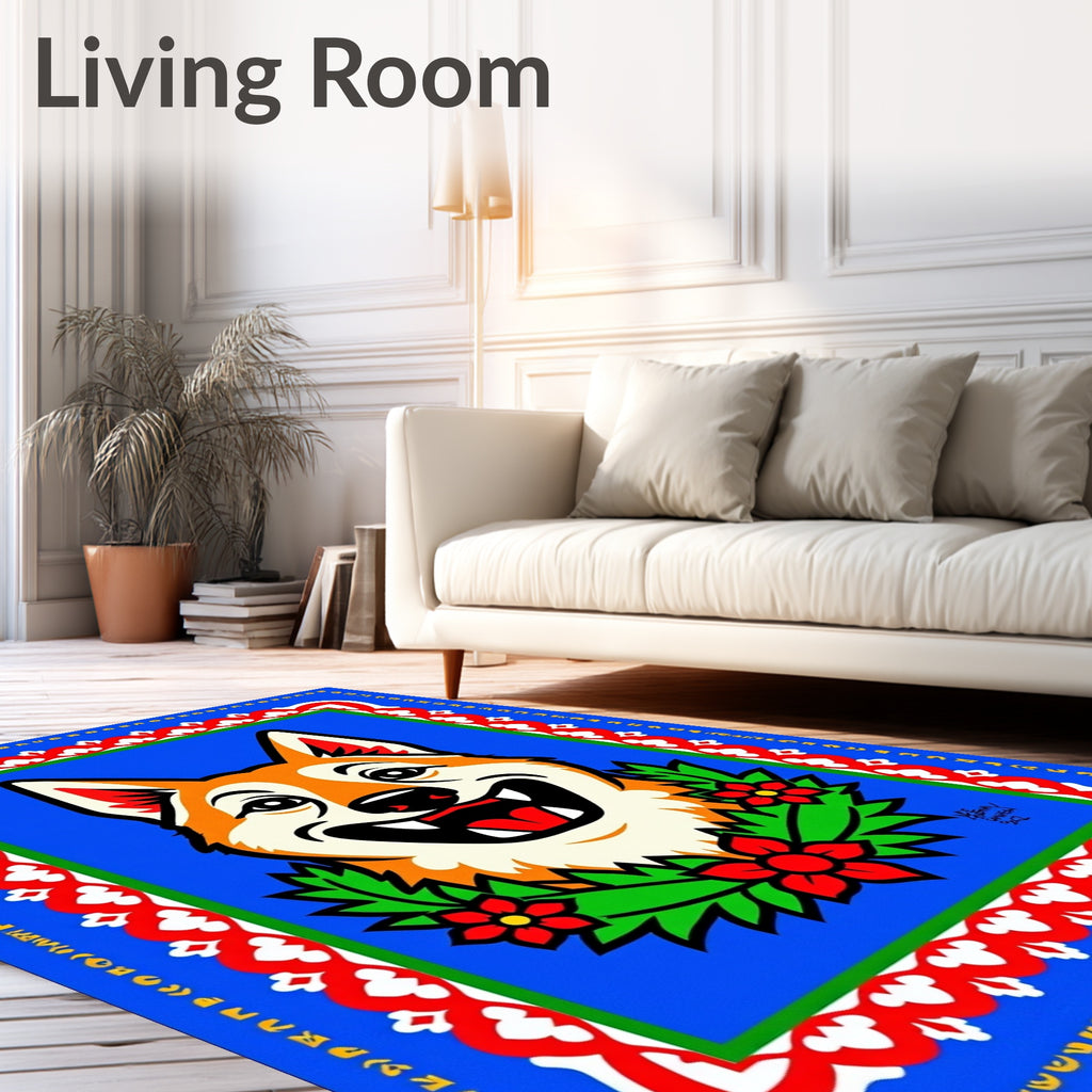 Happy Dog Wreath Blue Border Rug