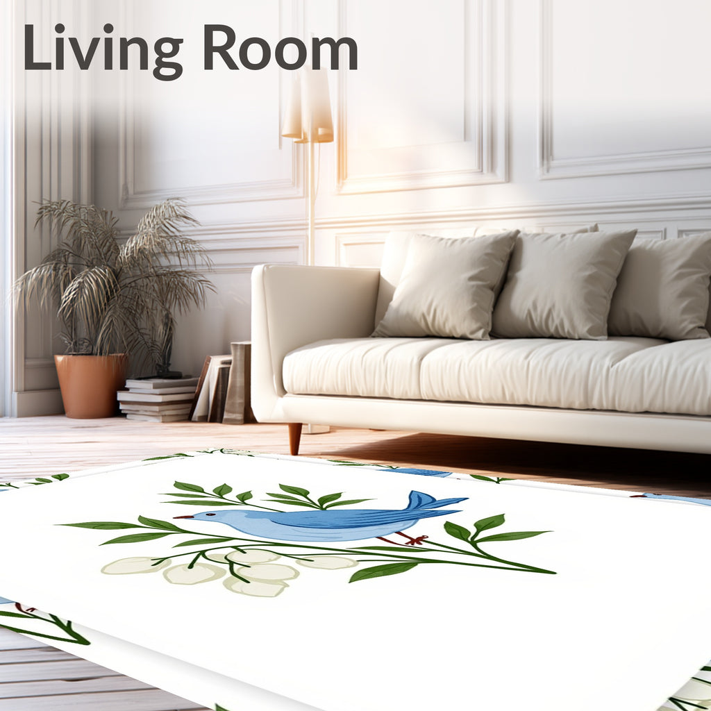 Whimsical Blue Bird Blossom Garden Rug