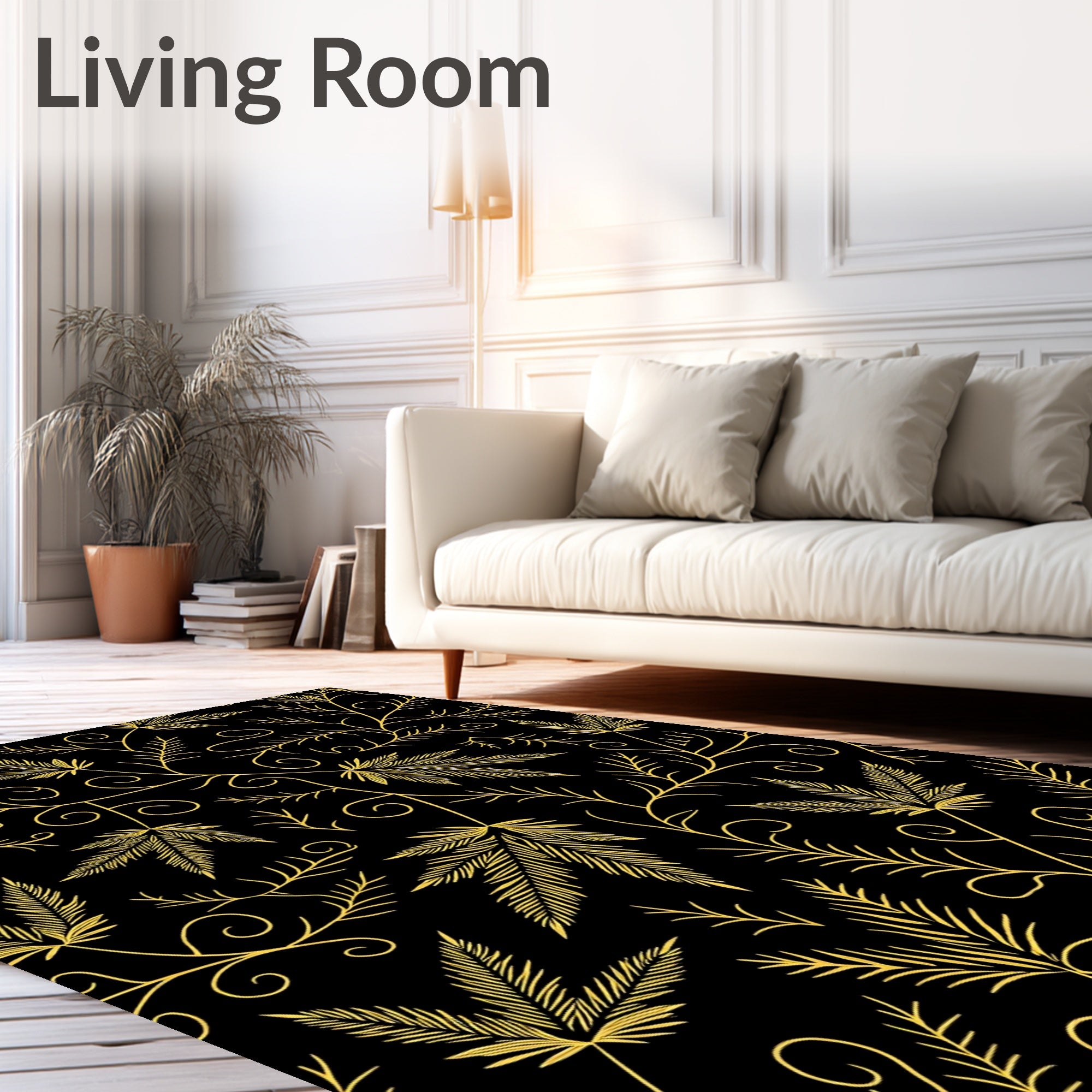 Black Gold Leafy Swirls Rug