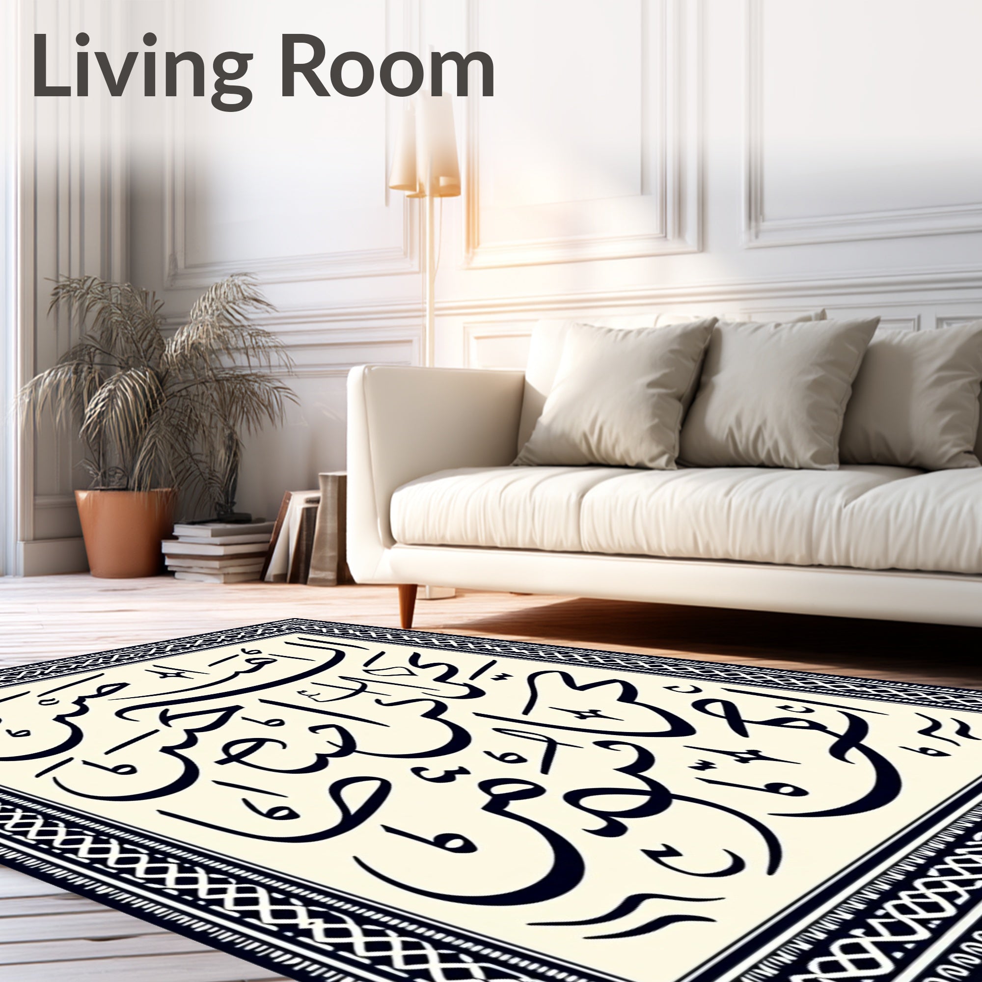 Black Calligraphy Cream Square Accent Rug