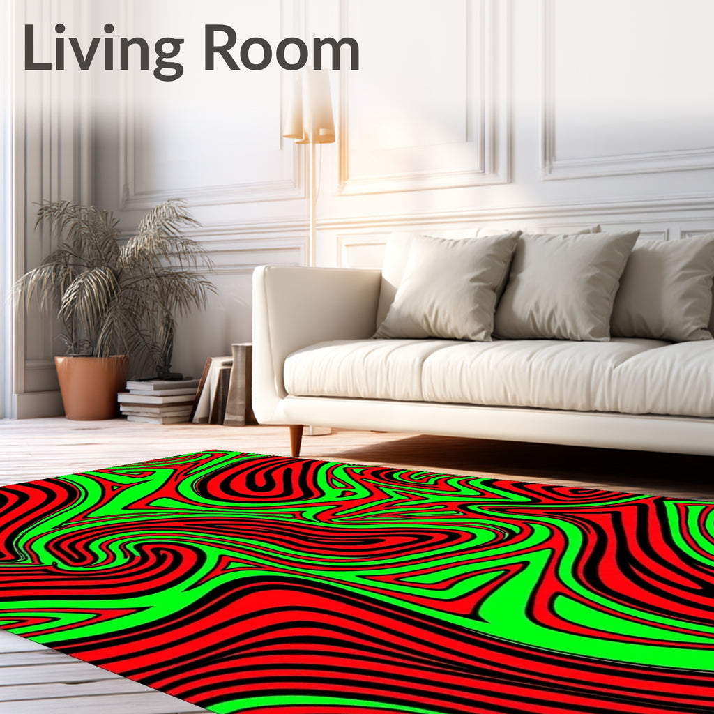 Vibrant Red Green Swirl Lines Rug