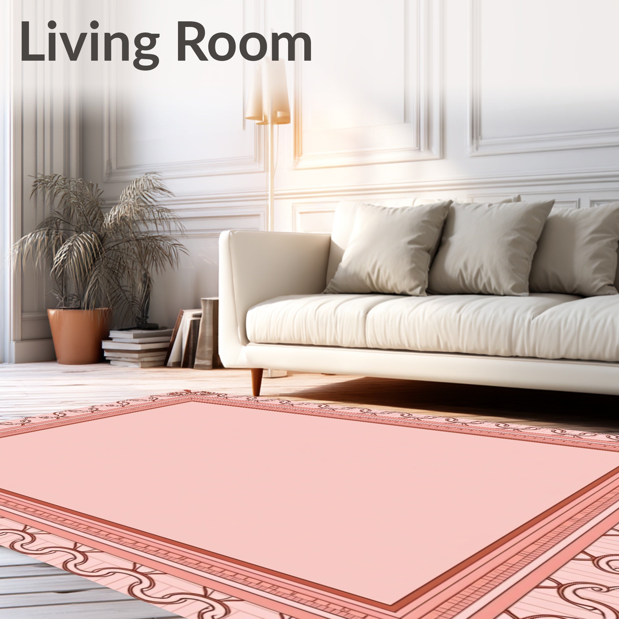 Pale Pink Ornate Scroll Border Rug