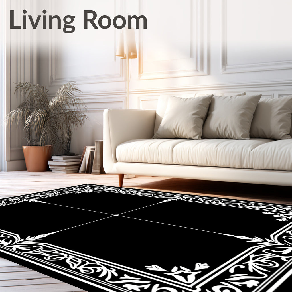 Classic White Floral Scrollwork Border Rug