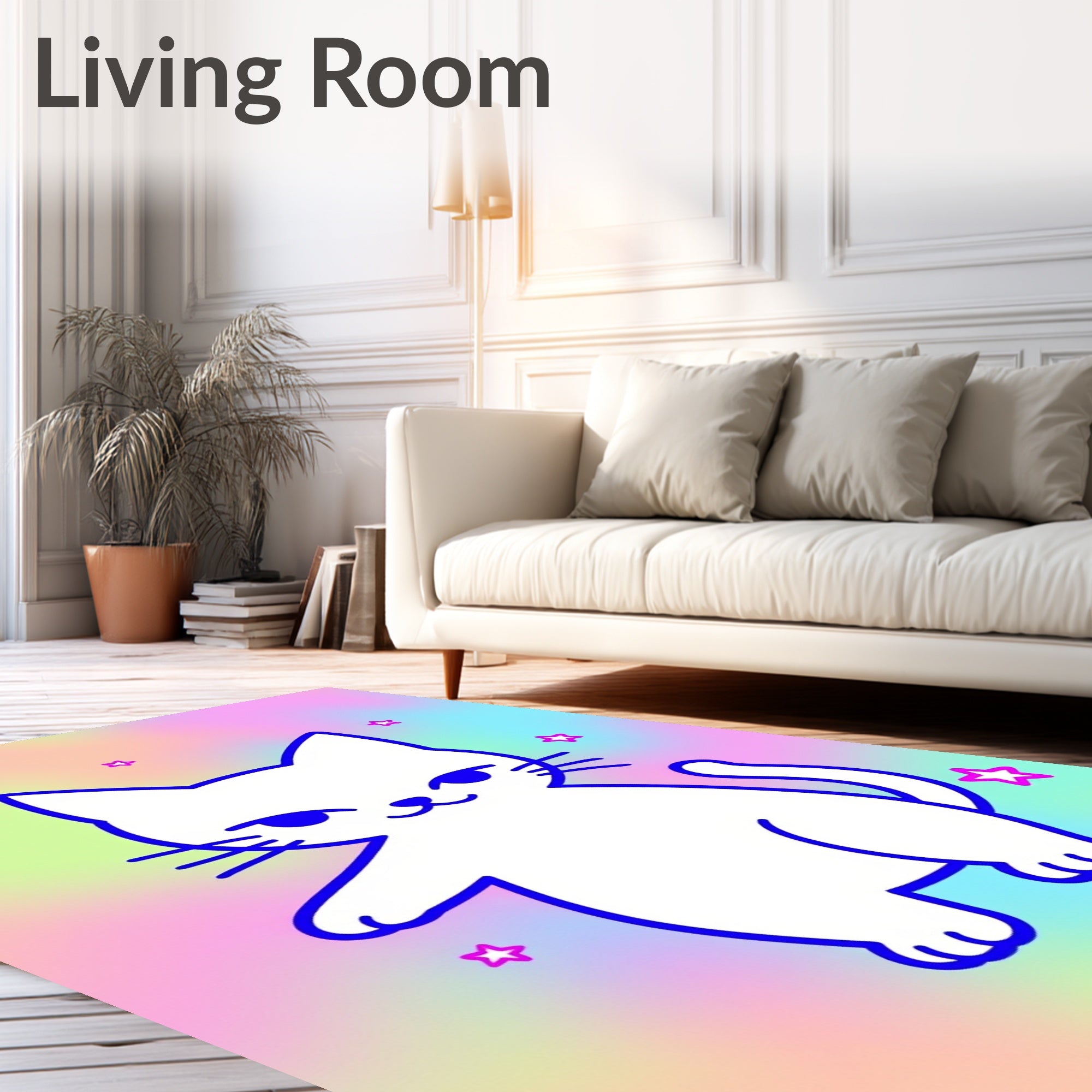 Cute White Cat With Star Accents Rug