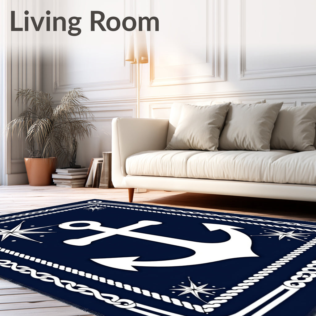 Navy White Nautical Anchor Starburst Rug