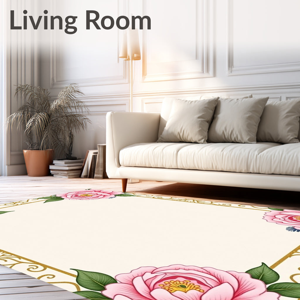 Pink Peony Garden Gold Scroll Rug