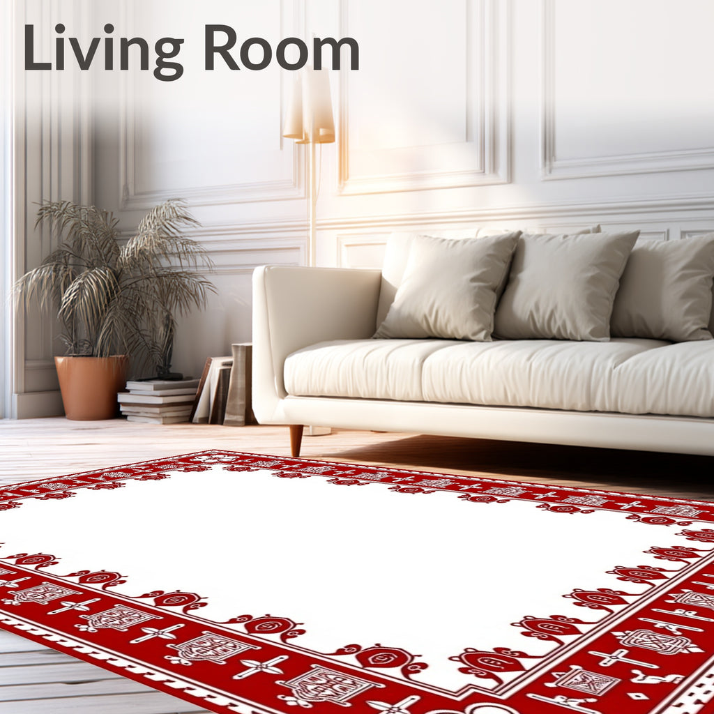 Crimson Red Folk Art Border Rug