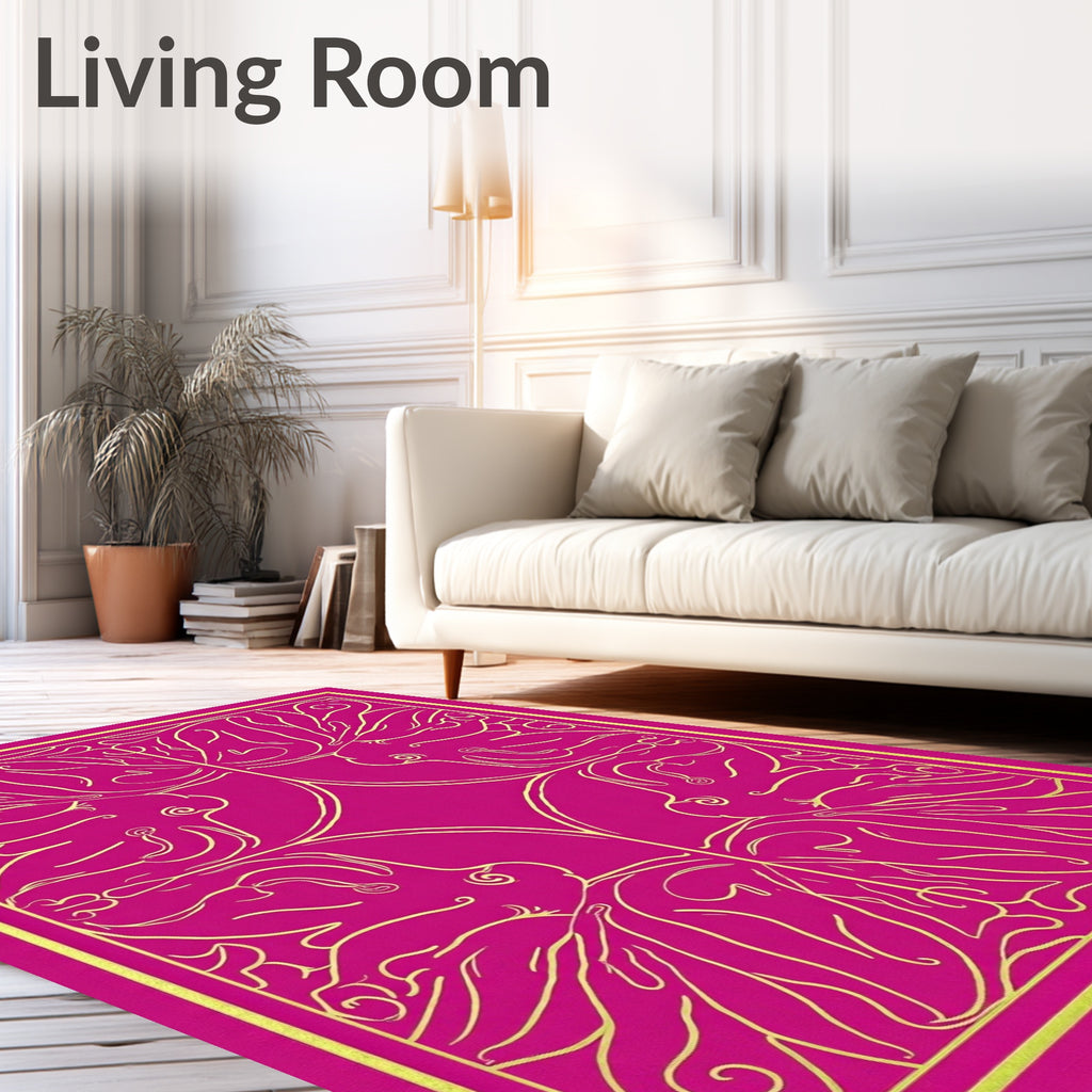 Vibrant Magenta Golden Abstract Figural Rug