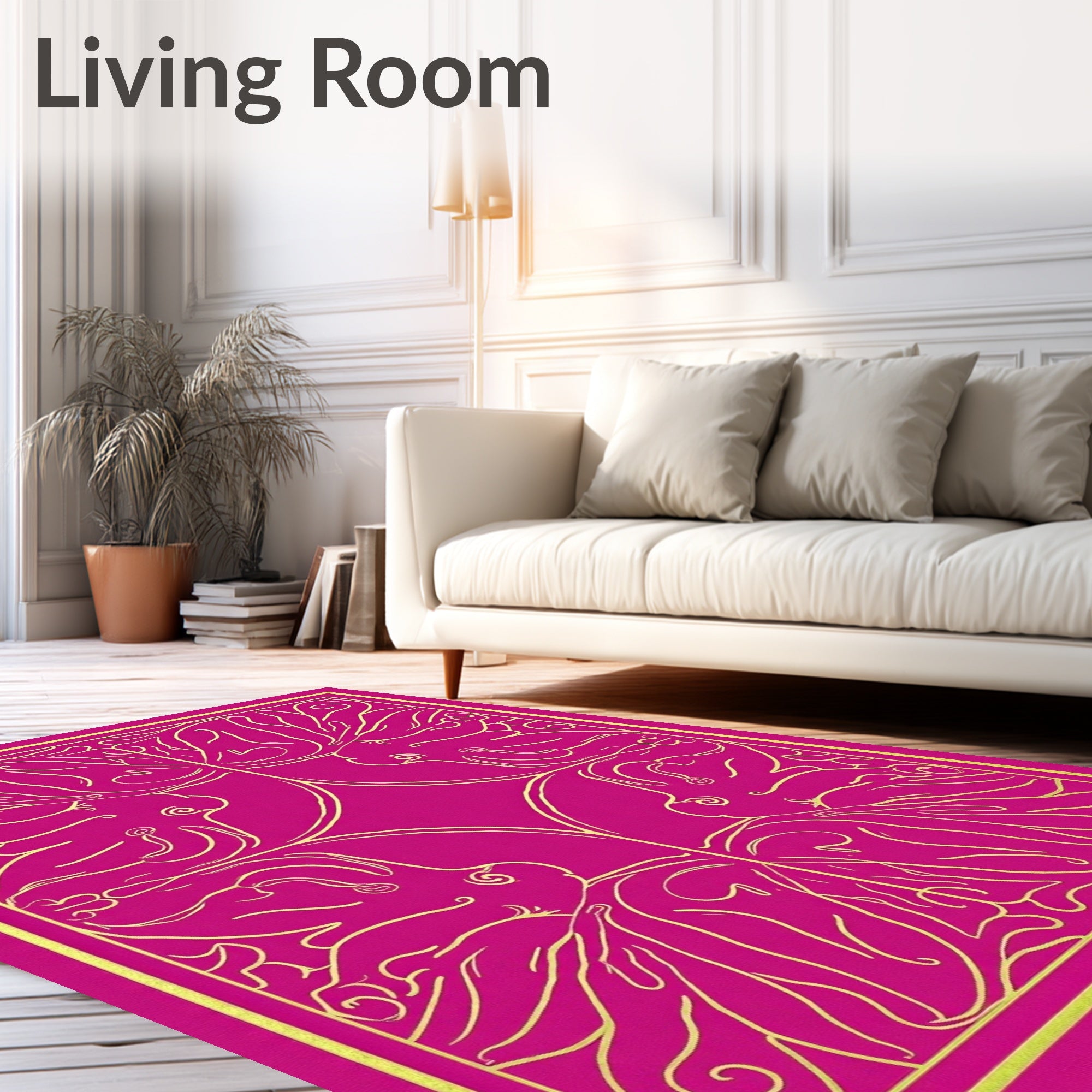 Vibrant Magenta Golden Abstract Figural Rug
