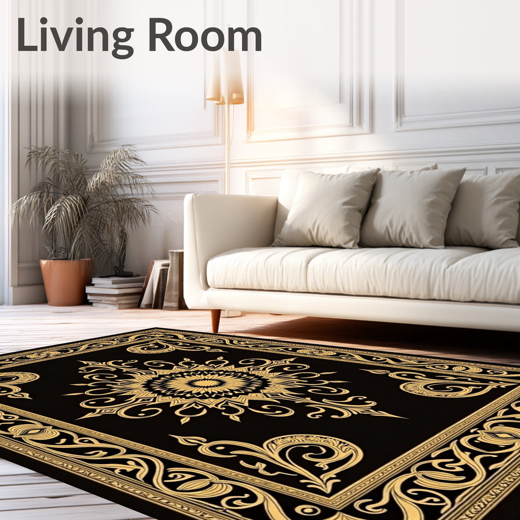 Grand Black Gold Medallion Border Rug