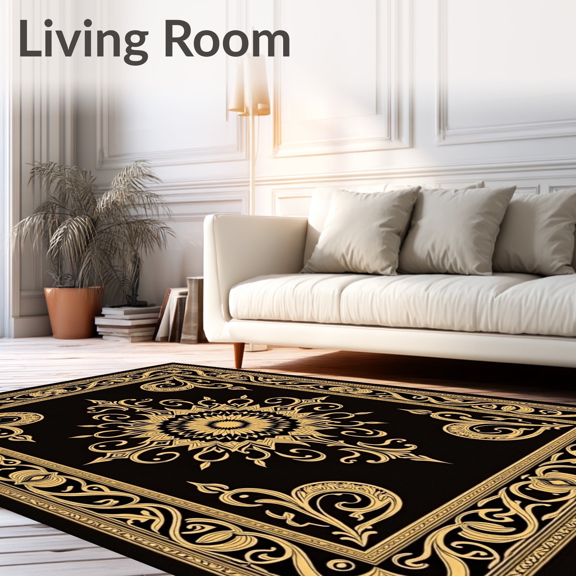 Grand Black Gold Medallion Border Rug