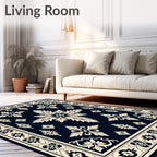 Classic Dark Blue Cream Floral Medallion Rug