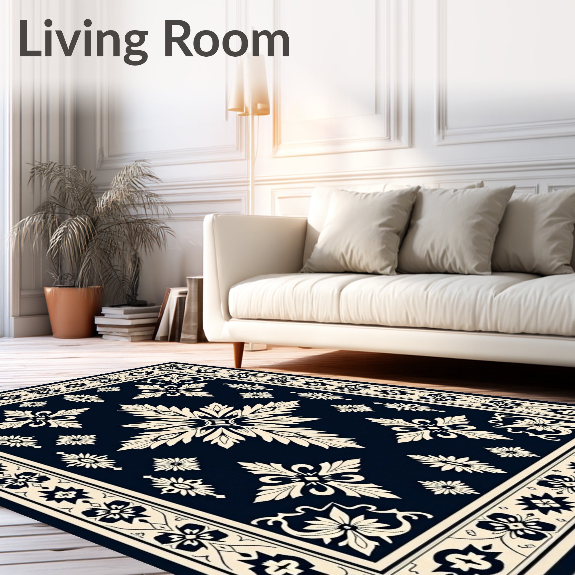 Classic Dark Blue Cream Floral Medallion Rug
