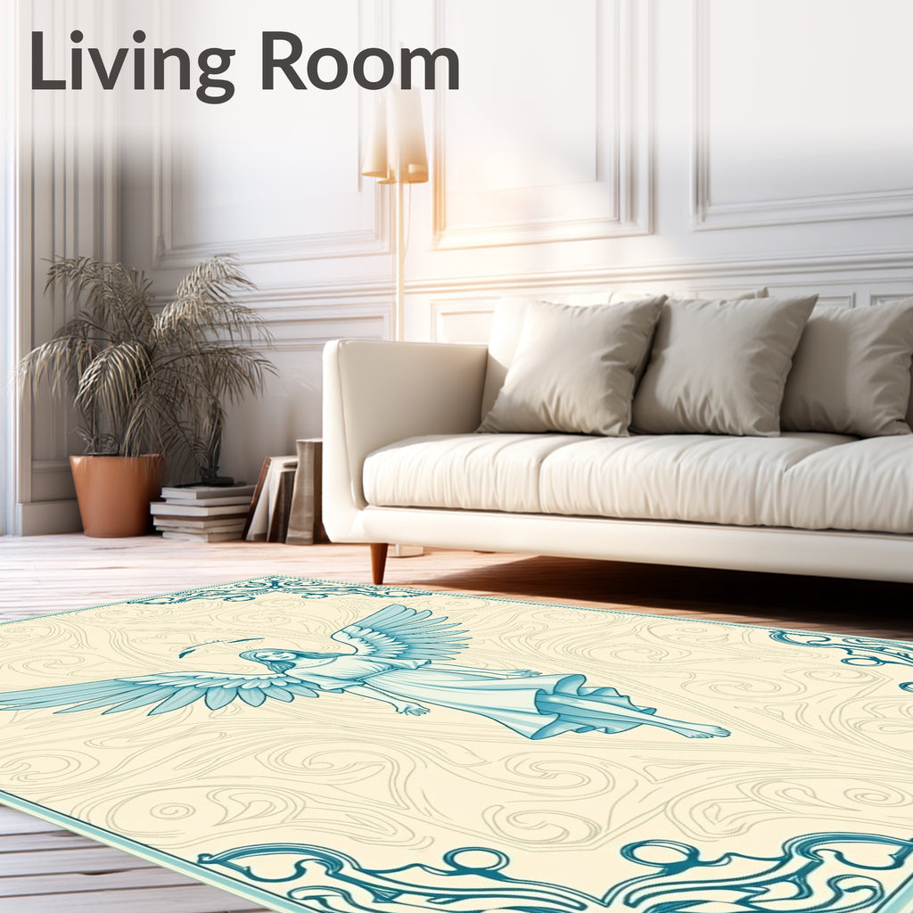 Winged Angel With Blue Scroll Border Rug