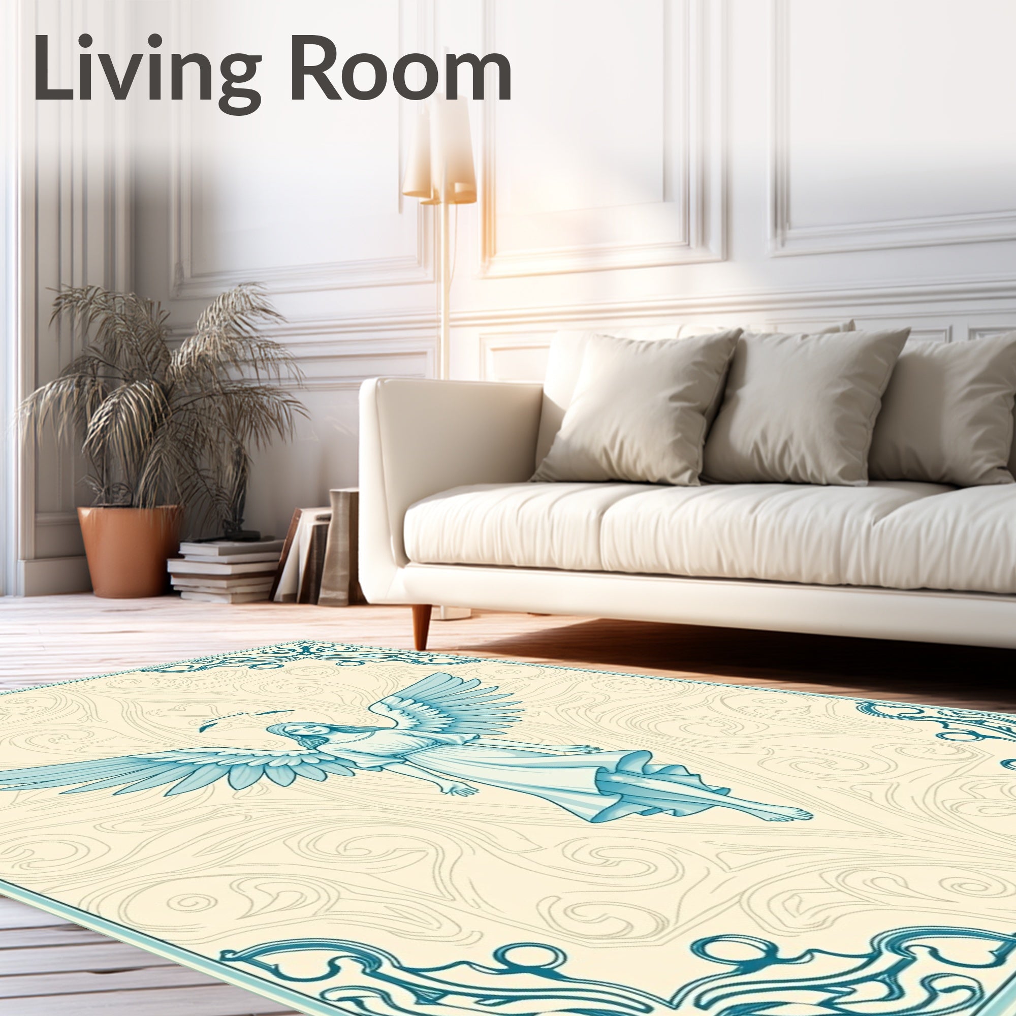 Winged Angel With Blue Scroll Border Rug