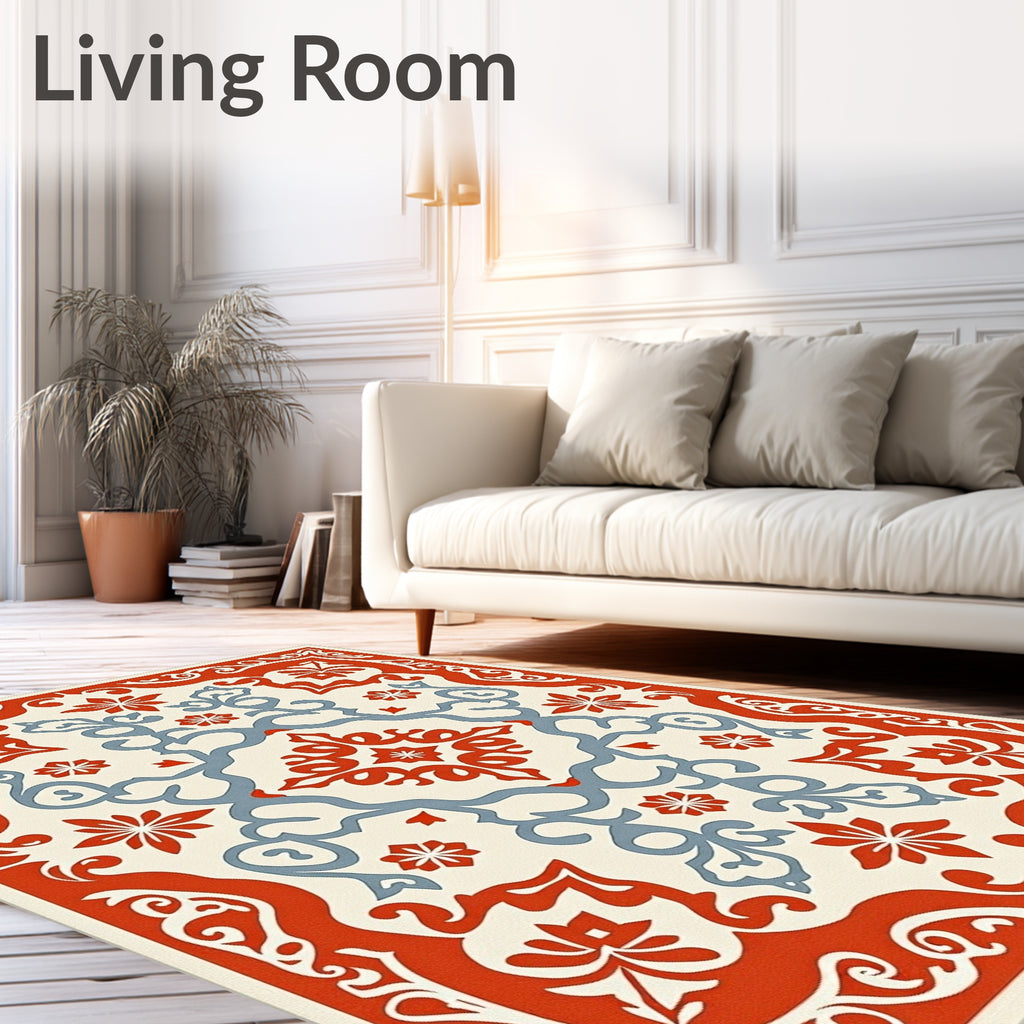 Ornate Red Blue Floral Medallion Rug