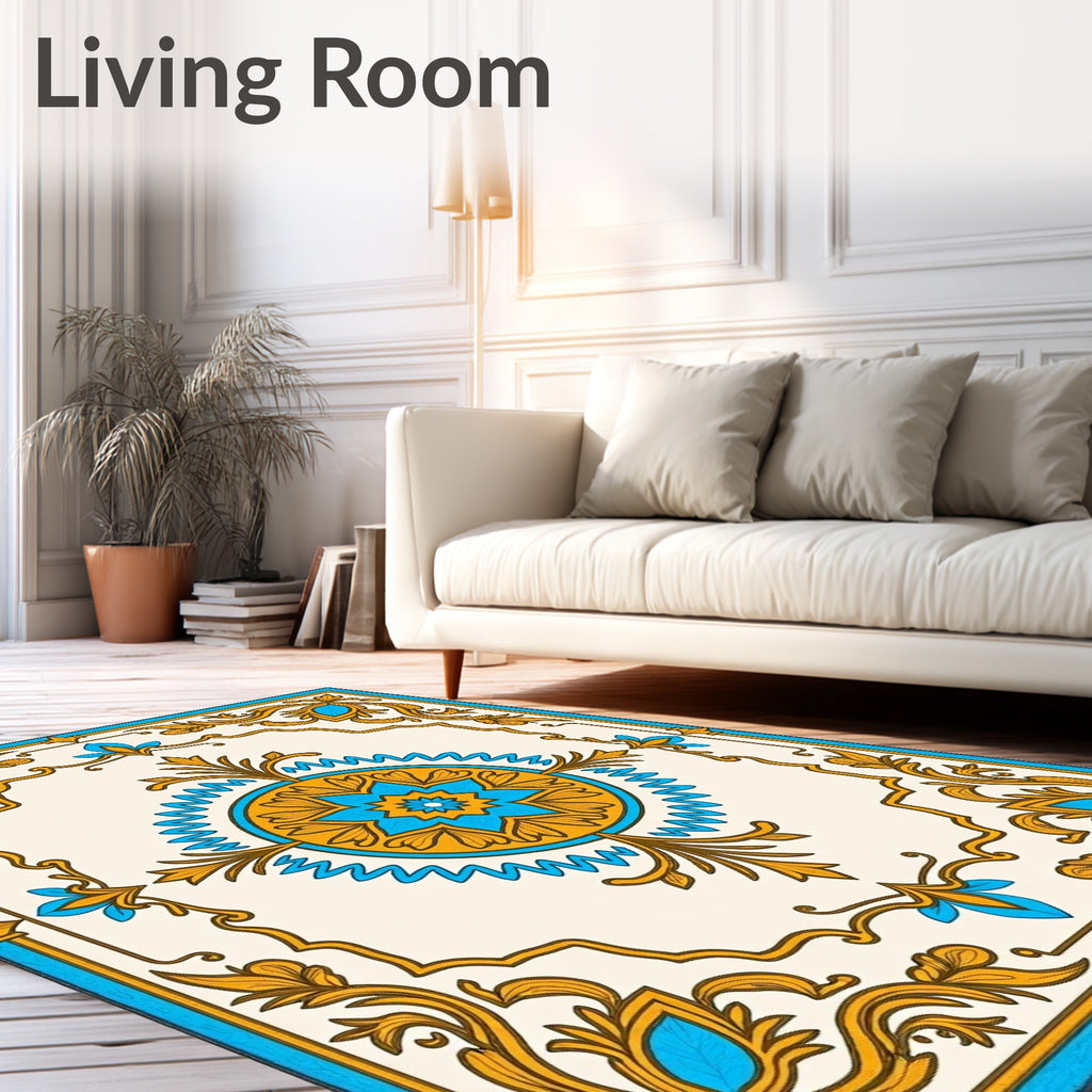 Ornate Blue and Gold Floral Medallion Rug
