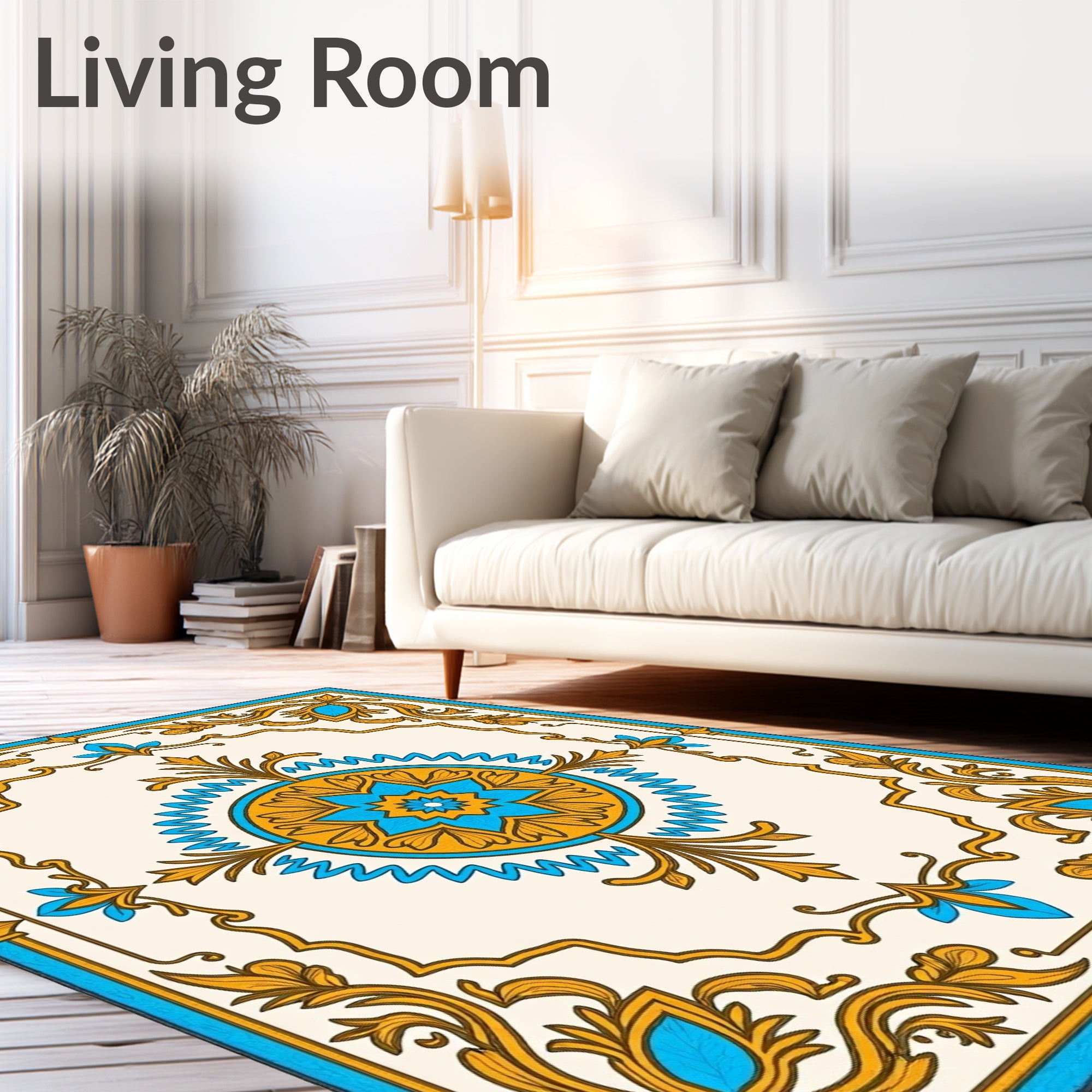 Ornate Blue and Gold Floral Medallion Rug